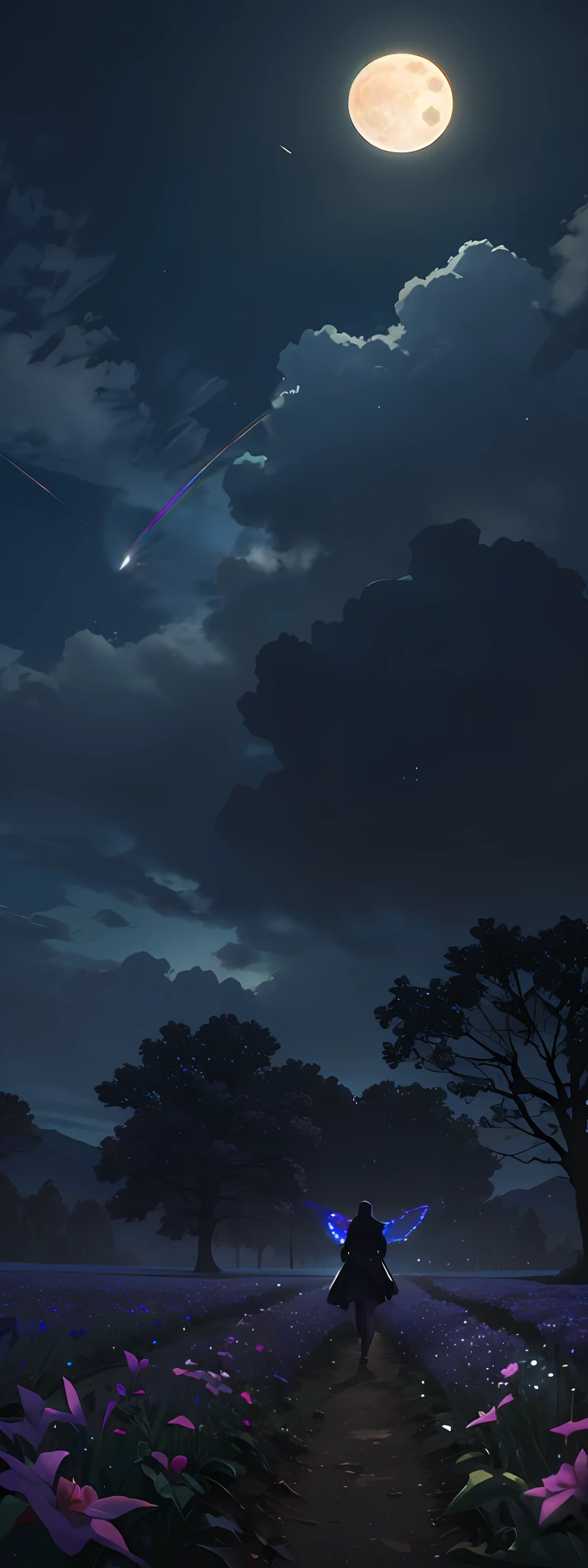 A wide landscape photo, (viewed from below, the sky is above, and the open field is below), a girl standing on a flower field looking up, (full moon: 1.2), (meteor: 0.9), (nebula: 1.3), distant mountains , Trees BREAK Crafting Art, (Warm Light: 1.2), (Firefly: 1.2), Lights, Lots of Purple and Orange, Intricate Details, Volumetric Lighting BREAK (Masterpiece: 1.2), (Best Quality), 4k, Ultra Detailed, (Dynamic Composition: 1.4), Rich in Detail and Color, (Rainbow Color: 1.2), (Glow, Atmospheric Lighting), Dreamy, Magical, (Solo: 1.2)