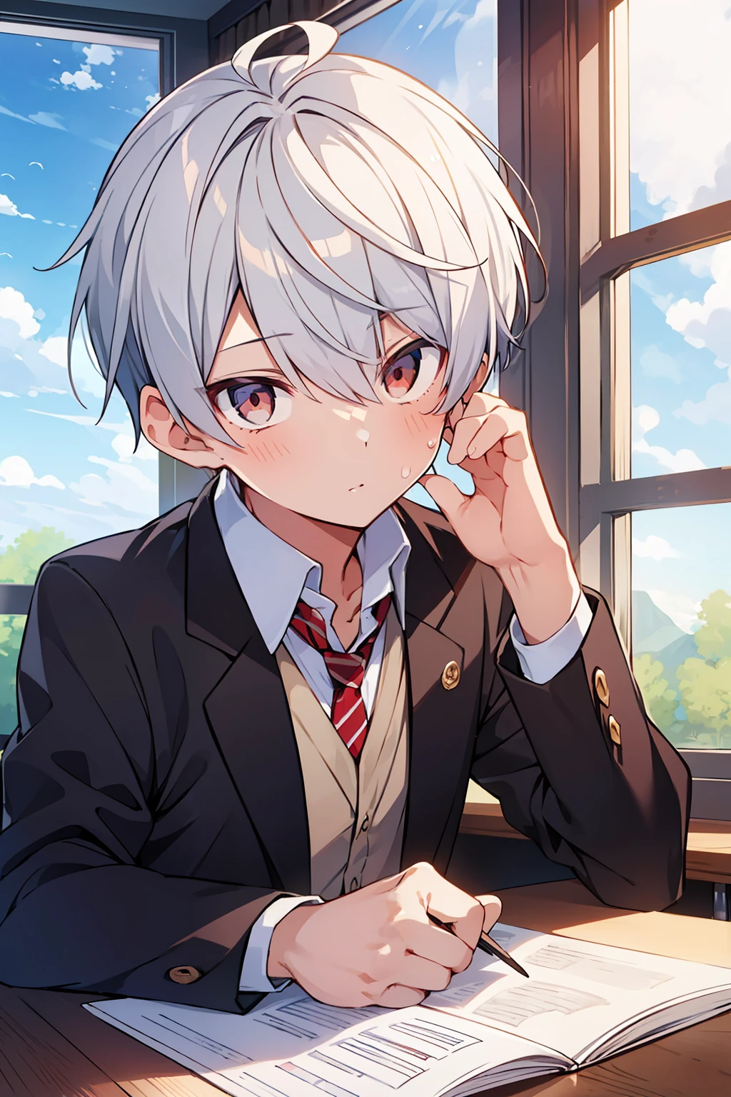 (high-quality, breathtaking),(expressive eyes, perfect face), 1boy, male, solo, short, young boy, short white hair, red eyes, school uniform, in class, by the window, blue sky