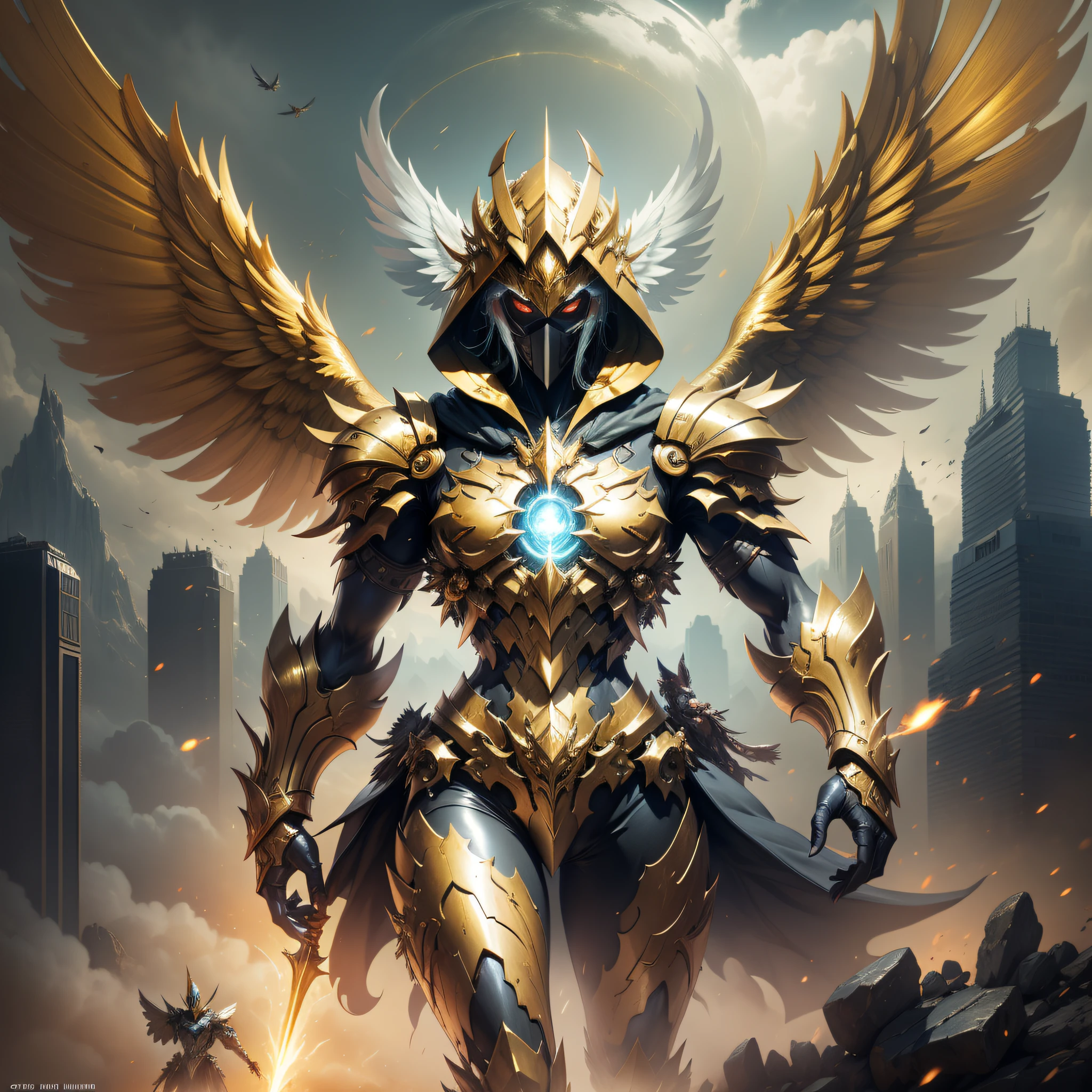 Golden armored angel, wings made of energy, metal halo, no face, hooded, gold, fantasy, concept art, ultra realistic, character art by greg rutkowski