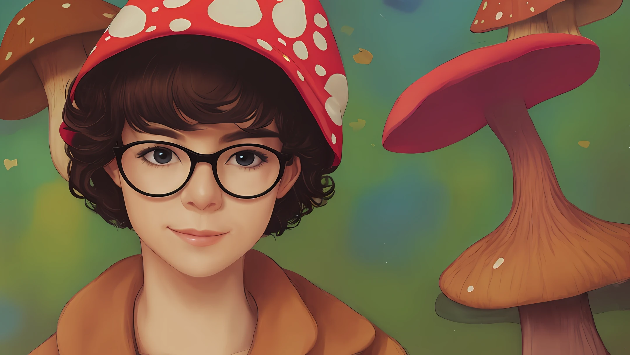 Girl with short curly hair in a mushroom hat and glasses