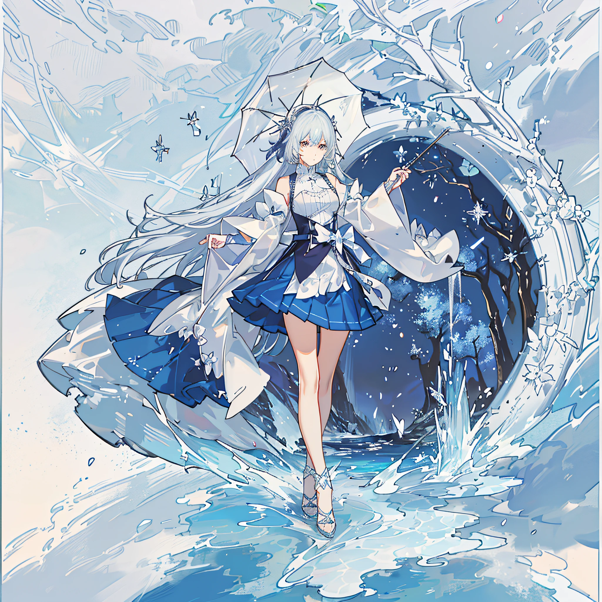 one-girl,Blue and white hair,Pick dyeing,Long skirt,Skirt brace,An umbrella,crystal,Ice crystals,Snow in the background,snowfield,nevando,tmasterpiece,Ultimate quality,CG unity 8k wallpaper,Super delicate,Beautiful skies and clouds,Rich natural scenery,sheer cliffs,Lakes and rivers,Waterfall flying water,Aoyama is beautiful,Nowhere to be seen,Excellent view,A long-won photo contest,Background bokeh,The depth of field is full,HDR high dynamics,True restore,iintricate,Attention to detail,Dramatic,The perfect presentation of Midjourney's artistic style。