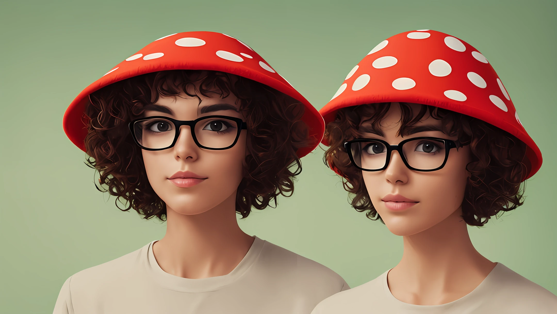 Girl with short curly hair in a mushroom hat and glasses