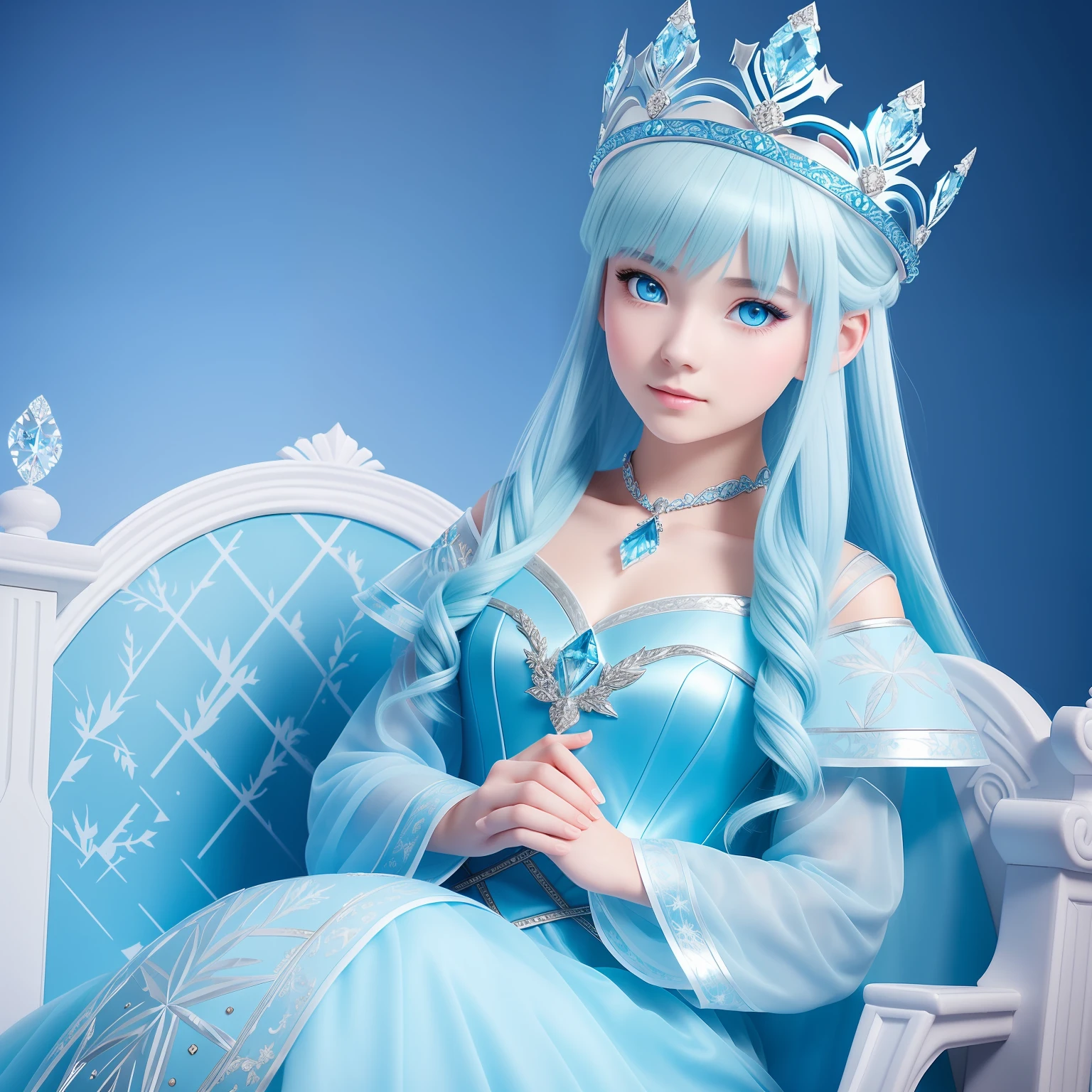 A girl of about 20 years old，1 meter 6，Medium build，Cool colors，Wearing a crown of blue ice，Ice blue hair and eyes，Sit on the Frost Throne，is a frost queen，Gentle face，Elegant temperament，The costume has character --auto