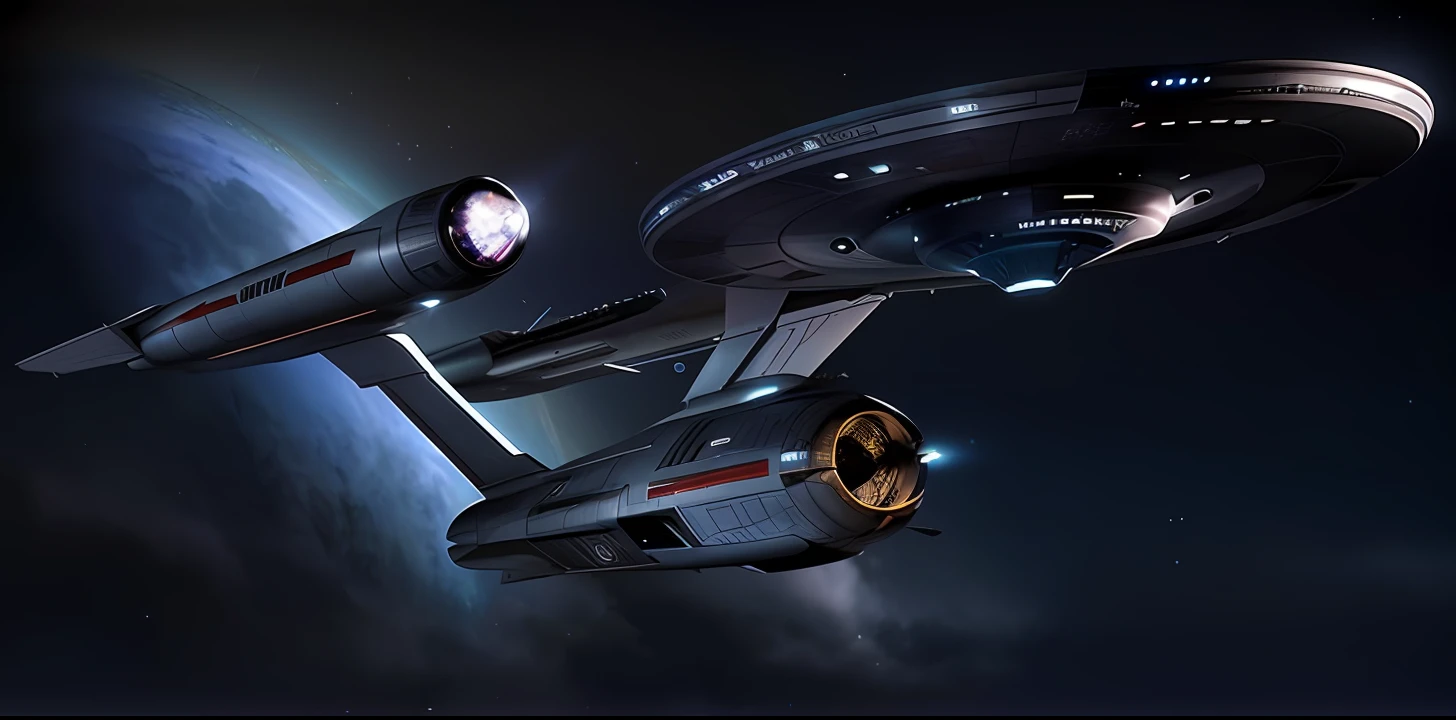 Araffe flying in the sky with a Star Trek ship in the background, No estilo Star Trek 8K, Empresa Starship, USS Empresa, filme ainda de Star Trek, de Star Trek 2021, A Starship Enterprise, Ainda de Star Trek, spaceship in space, pequena nave estelar perto, Jornada nas Estrelas, spaceship in space, sci-fi spaceship