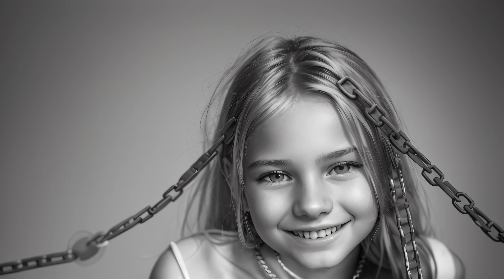 girl 12 years, blonde long hair, portrait, holding a chain with a smile on her face, in black and white, B&W photo, black and white portrait, Sofya Emelenko, black and white portrait, ((chains)), she is about 1 6 years old, 13 years old, black and white photo, inspired by Irakli Nadar, Nika Maisuradze