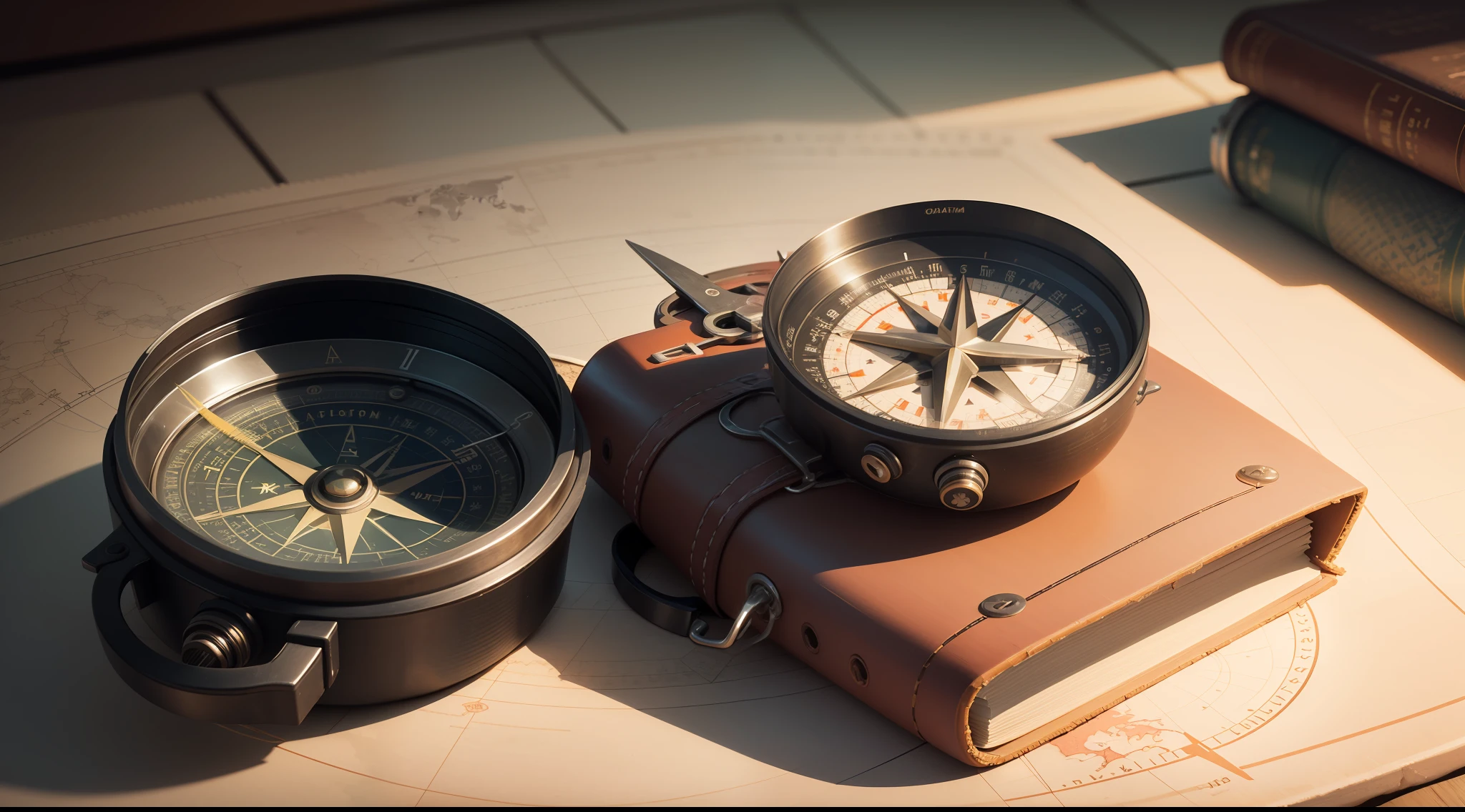 Realistic compass photo with world map and images of world tourist cities, Backpack and watermark paths. The compass should be on the left side of the image.