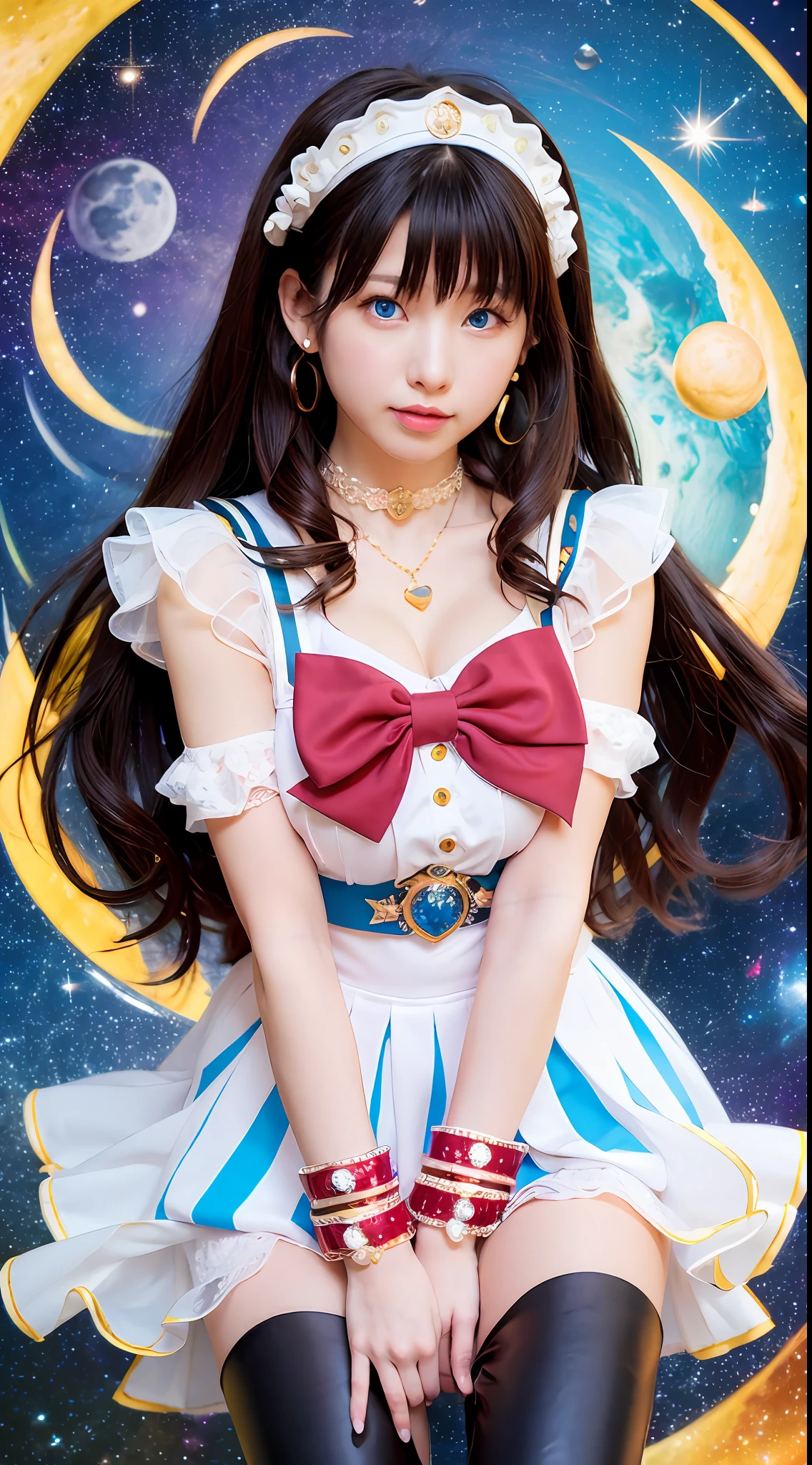 Masterpiece, best quality, (1 girl), super sailor moon, cowboy lens, night sky, moonlight, night, white gloves, blue eyes, galaxy background, multicolored clothes, school uniform, blue skirt, hair ornament, red bow, brooch, heart brooch, earrings, crescent, heart necklace, heart, very long hair, crescent moon earrings, tiara, yellow necklace, boots, knee boots,  red shoes, long legs