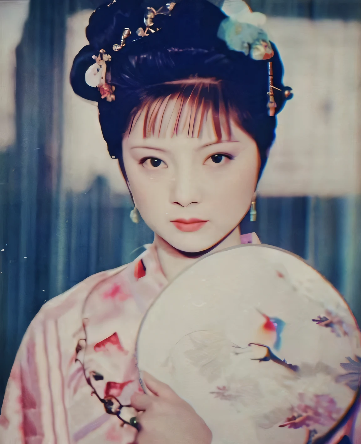 An Arad woman in a kimono holds a fan and looks at the camera, Yun Ling, Chinese woman, Chinese traditional, Chinese girl, inspired by Min Zhen, China Princess, chinese empress, Traditional beauty, inspired by Xie Huan, xue han, 80's japanese photo, Inspired by Liu Jue, heise-lian yan fang