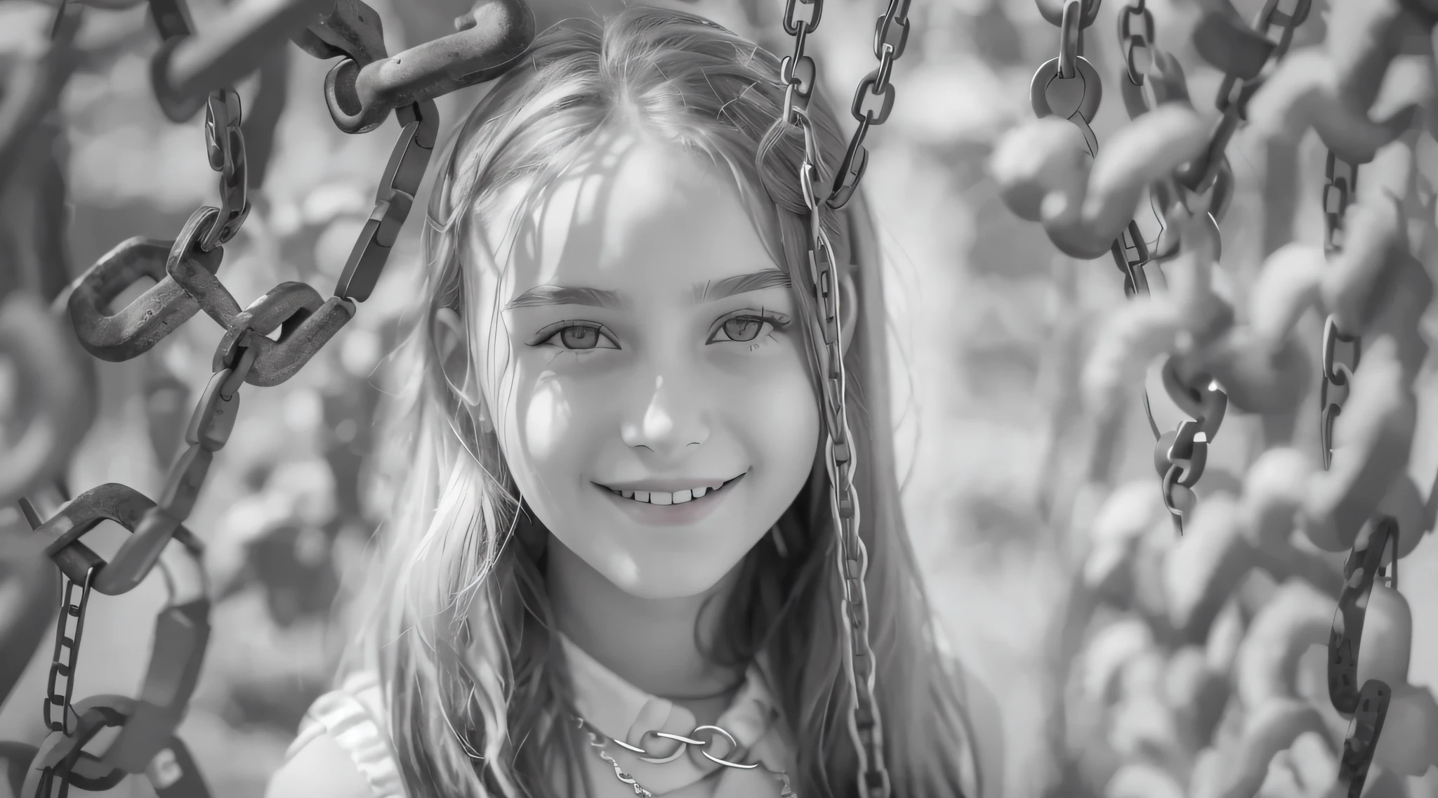 girl , blonde long hair, portrait, holding a chain with a smile on her face, in black and white, B&W photo, black and white portrait, Sofya Emelenko, black and white portrait, ((chains)), she is about 1 6 years olrs old, bla photo, inspired by Irakli Nadar, Nika Maisuradze