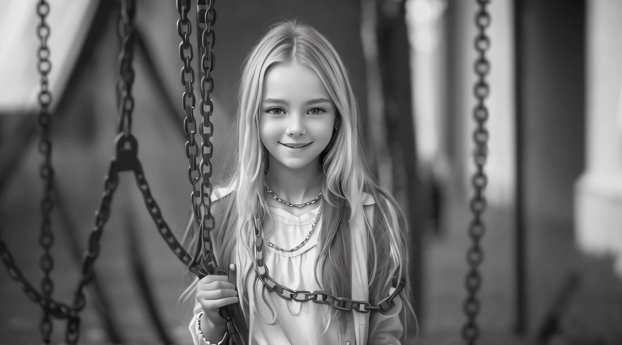 girl 12 years, blonde long hair, portrait, holding a chain with a smile on her face, in black and white, B&W photo, black and white portrait, Sofya Emelenko, black and white portrait, ((chains)), she is about 1 , 13 years ol white photo, inspired by Irakli Nadar, Nika Maisuradze