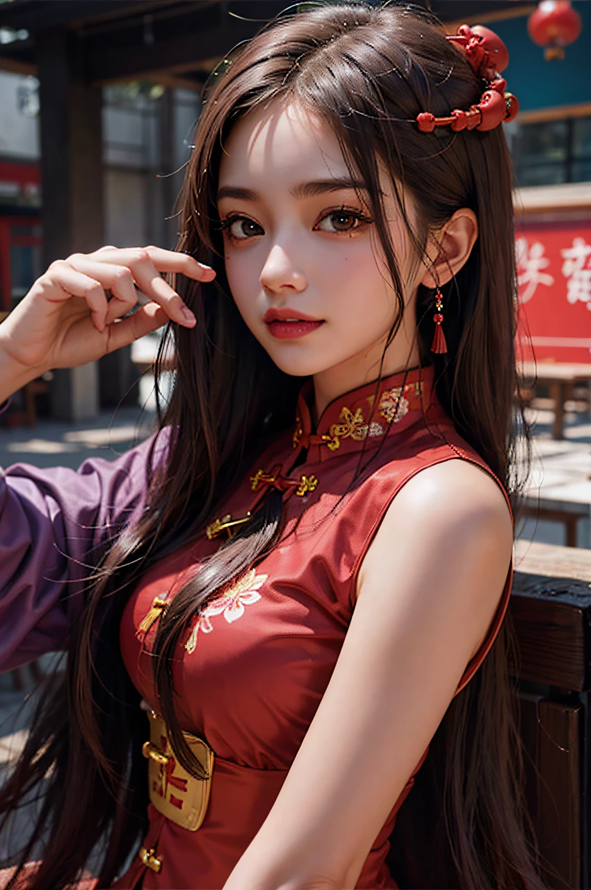 1Girl, Long straight light purple hair, Red cheongseng (Red Cheongsam (Red Qipao (Red Qi Pao))), Smile, making: Rumiko Takahashi, BREAK Pucca Bread,