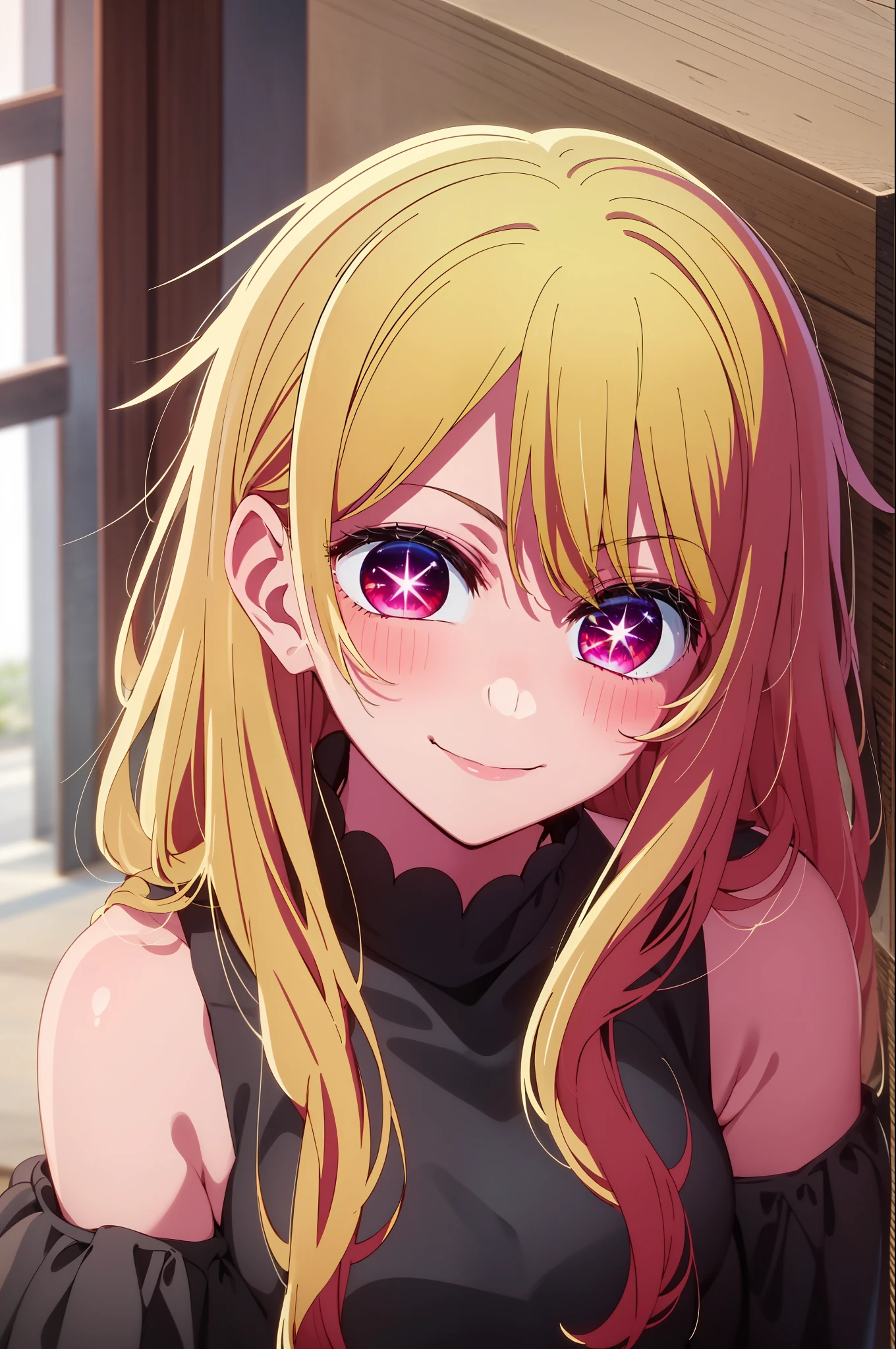 1girl in, 独奏, Hoshino Ruby, symbol-shaped pupils, Left star-shaped pupil, sparkly eyes, (Star shape only in the left eye), red eyes, length hair, blonde  hair, side poneyTail, a smile, Hi-Res, top-quality, ​masterpiece、Black dress