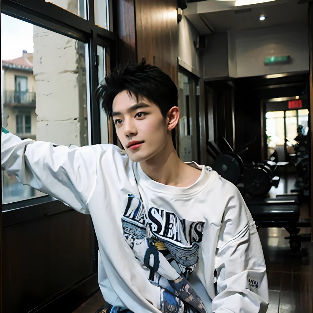 best qualtiy， 超高分辨率， （realisticlying：1.4）， tmasterpiece， Kodak Portra 400， blur backgroun ， gym room， （Face focus：1.3），1boys ，white skinned，Loose sweatshirt， posing on a， looking at viewert ， sface focus