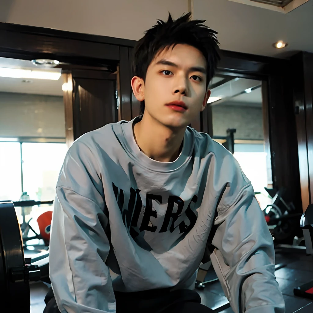 best qualtiy, 超高分辨率, (realisticlying:1.4), tmasterpiece, Kodak Portra 400, blur backgroun , gym room, (Face focus:1.3),1boys ,white skinned,Loose sweatshirt, posing on a, looking at viewert , sface focus