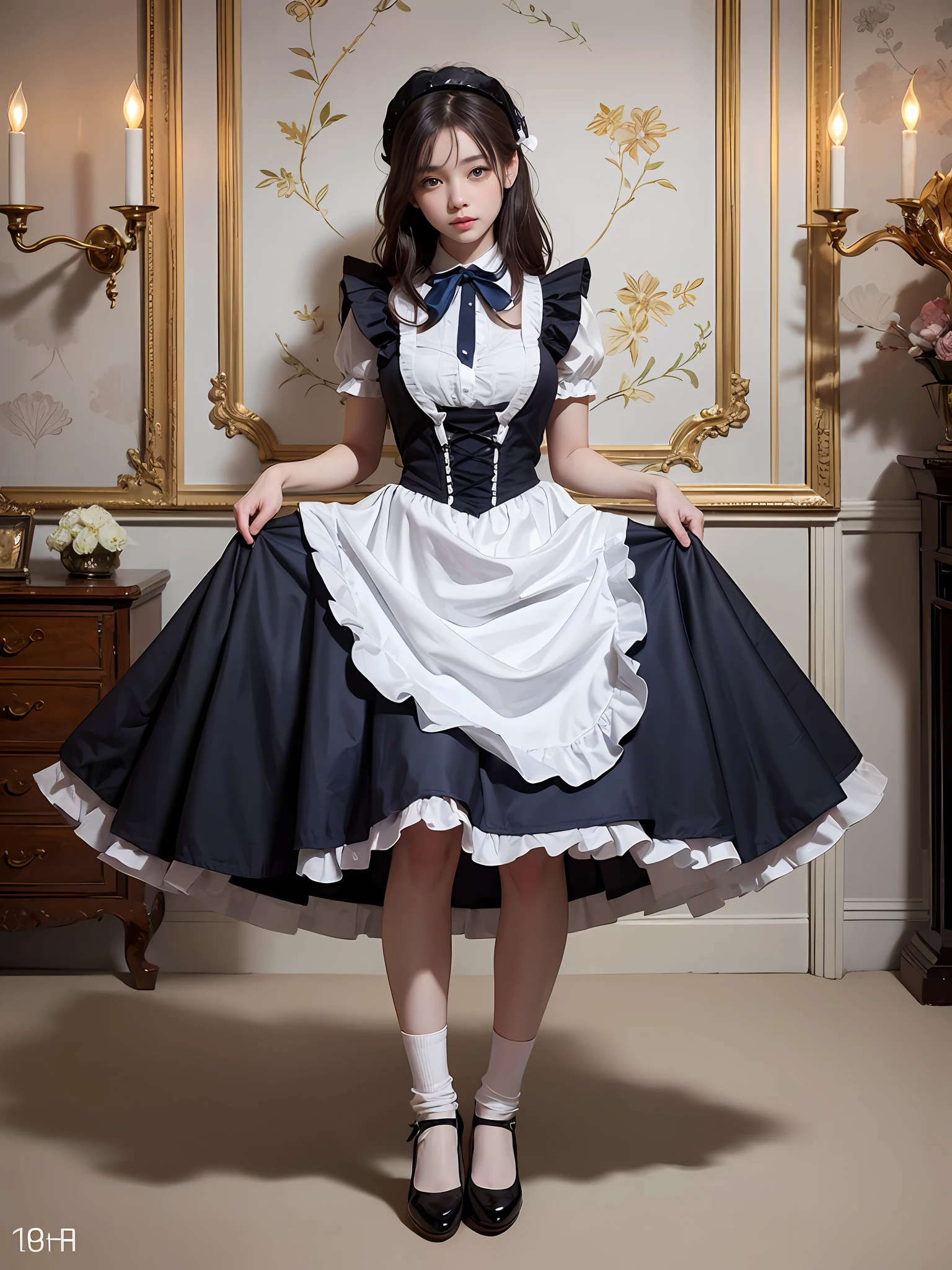 fullllbody、highly contrast, The ultra -The high-definition, Outstanding detail, 8K, Blush face, with blush cheeks, Nikon Z9, 30mm lens、Sharp Focus Face、F / 4、ISO 200、shutter 1/250、Beauty Light、medium shot、Unripe、intricate-detail、awardwinning photo、Excellent contrast、High Sharpness、Facial symmetry、bokeh dof、ultra-detailliert、(A hyper-realistic), (illustratio), (hight resolution), (8K), (ighly detailed), (The best illustrations), (beatiful detailed eyes), (top-quality), (ultra-detailliert), (masterpiece), (wall-paper), (详细的脸), 独奏, 1 girl in, loose wavy hair, Maid headband with frills、Iris heterochromatic eyes, small moles under eyes, blouse with white frills, ((Dark blue ribbon ties)), Black flared long skirt、Victorian、(((white frilled apron))), camel's toe, White silk ankle length socks, Black Strap Pumps、Bedroom in a peaceful mansion with decorations, Chandeliers and candles、(Perfect Anatomy)
