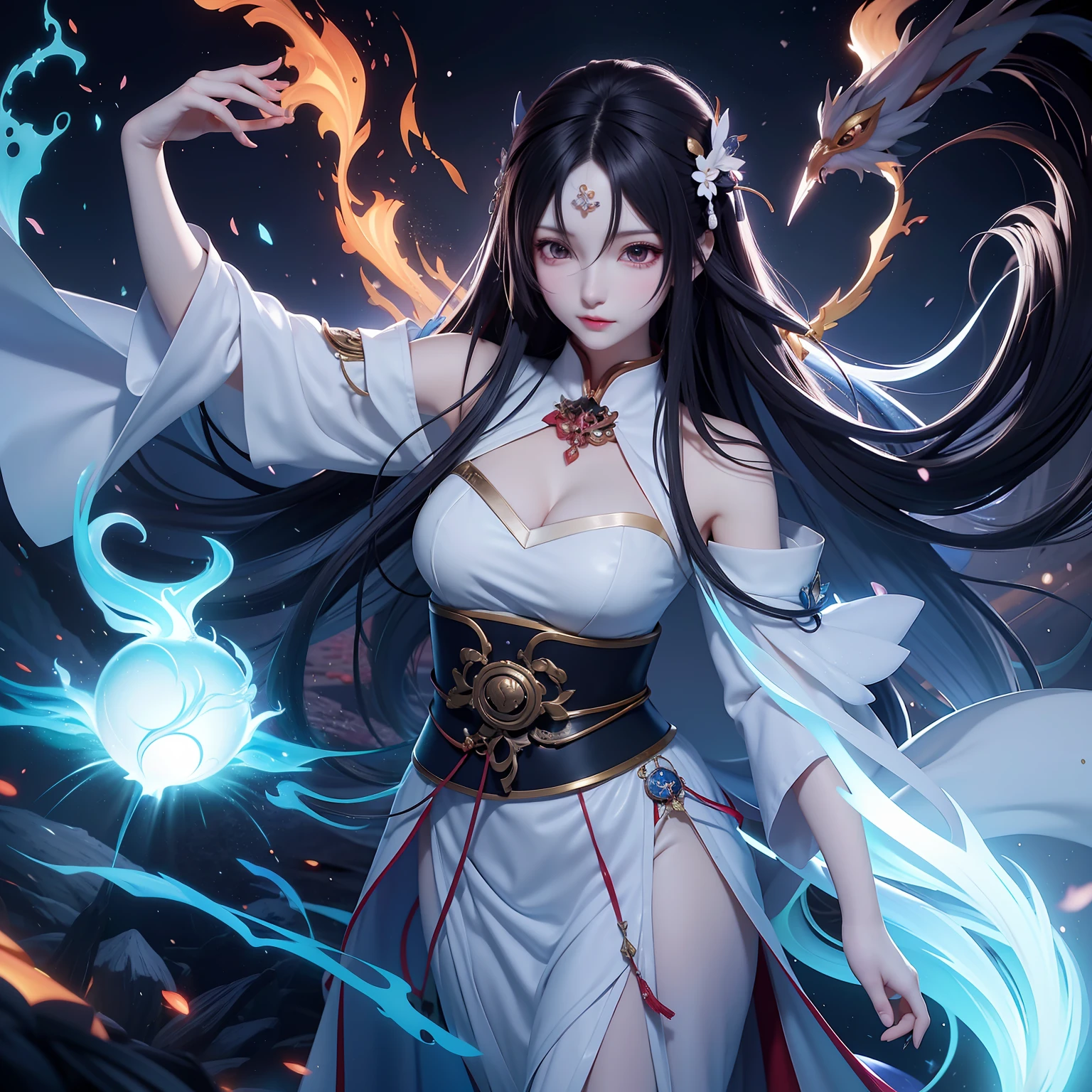 Anime girl with long black hair and white dress with glowing balls, onmyoji detailed art, Onmyoji, anime goddess, beautiful sorceress, portrait onmyoji, black - haired mage, beautiful sorceress, very detailed Artgerm, 2. 5 d cgi anime fantasy artwork, anime fantasy illustration, anime fantasy artwork, anime epic artwork