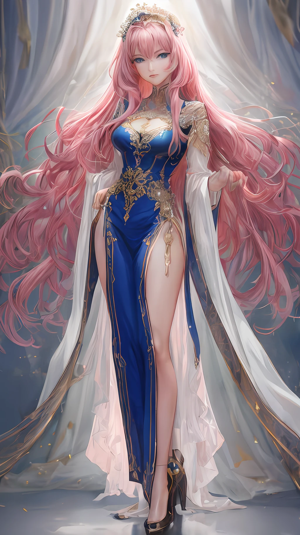 Delicate royal blue eyes,Look straight into the eyes,Perfect face,Extra-long pink hair,,Especially gentle girl,Tall,Perfect proportions,standing,Wear clothes as delicate and perfect as silk,4K,8K,Perfect light,Wear high heels,Rich background,meticuloso,delicated,intricate detailed clothes,Exquisite background,Delicate face,Flawless work
