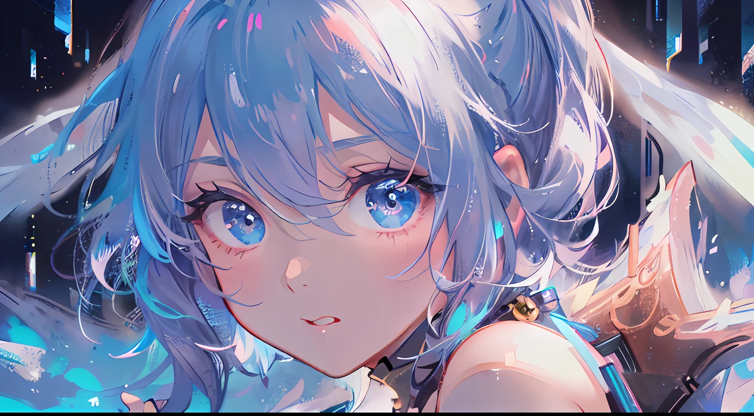 (hyper HD)、Retina screen、acurate、anatomy correct、textureskin、hyper-high detail、high detal、high qulity、best qualtiy、A high resolution、Highest image quality、A masterpiece、(extremely detailed nipple)、(Best quality)、(tmasterpiece)、lightand shade contrast、Cinematic lighting、color difference、twinkle、Ray traching、dynamic linework,eye detailed, lens flare glow, filmposter, Tarot card frames, The portrait is in the middle, ciri, negative space, 独奏, Floating color net, many color, Floating drops, Water magic, Mottled sunlight, optic, Caustics, rainbowing, Beautiful detail halo, leaning backward, eyeslashes, light blue hair, long whitr hair, tilt of the head, dynamicposes, Asymmetrical hair, slanted bangs, High double ponytail,Flowing hair,abstract backgrounds, blue colors,The upper part of the body,pondering,Blue pupil,feater, Exposed shoulders,whitegloves, animemanga girl, blue watery eyes, anime moe art style, Childish face, splashing water drops, The eyes are highlighted and brightened, glittery, concept-art,facing to audience,Pout,Sky blue dress,Wings formed by water,Angel head ring,trichotomy,Focus on the center