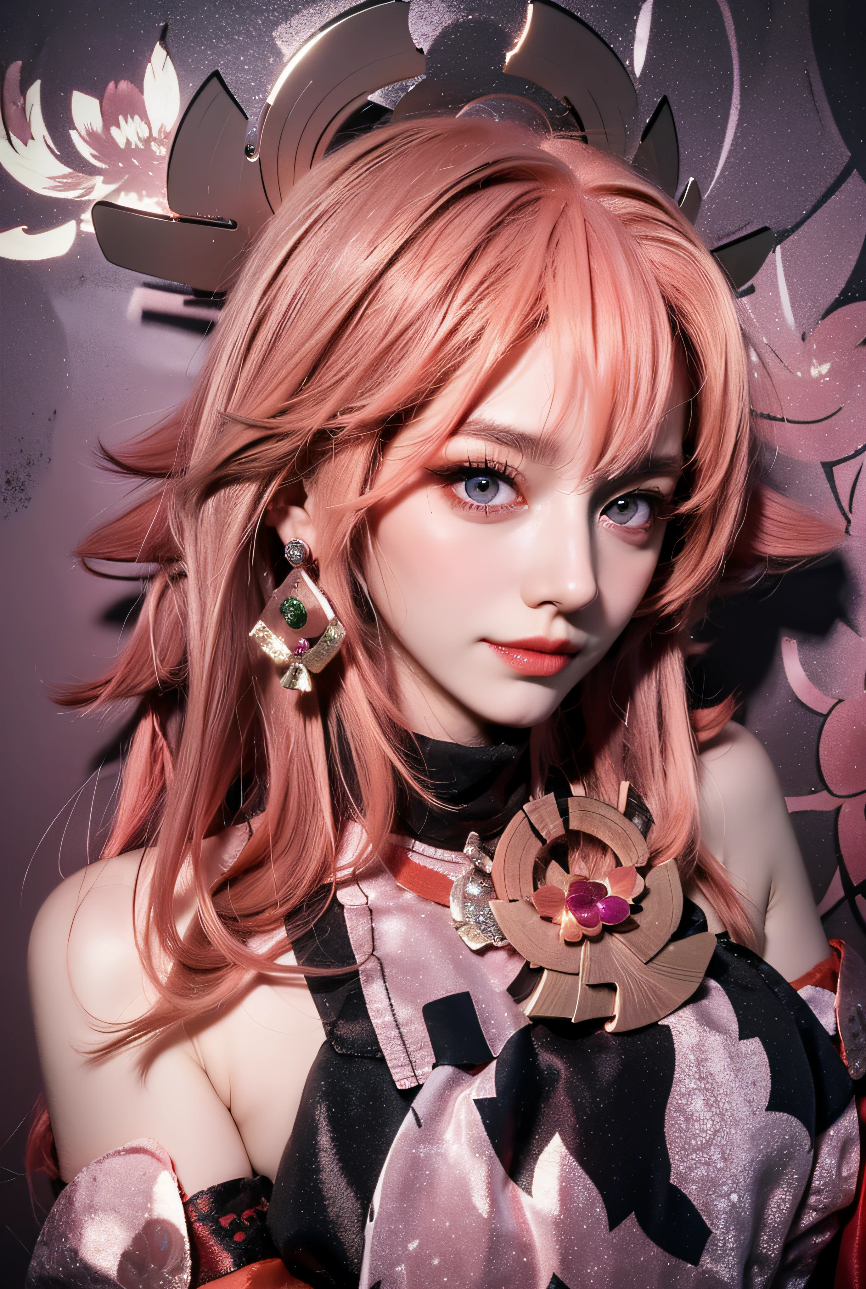 (masutepiece, excellent, 1girl in, Solo, intricate-detail, color difference), Realism, ((Medium Breath)), off shoulders, Big breasts, Sexy, Yae Miko, Long pink hair, Red headdress, red highlights, Hair above one eye, Green eyes, earrings, Sharp eyes, Perfectly symmetrical figure, Choker, Neon Shirt, Open jacket, Turtleneck sweater, against a wall, Brick wall, Graffiti, Dim lighting, backstreet, gaze at the audience, ((mean, Seductive, Charming)), ((Cherry blossom background))),((Japanese Temple Background)))), (((glow-in-the-dark background))), (Dynamic Pose), tulle, Bare shoulders, blooming flower field, Radiant skin, Faint smile, Sexy, Bust, , Seen from above