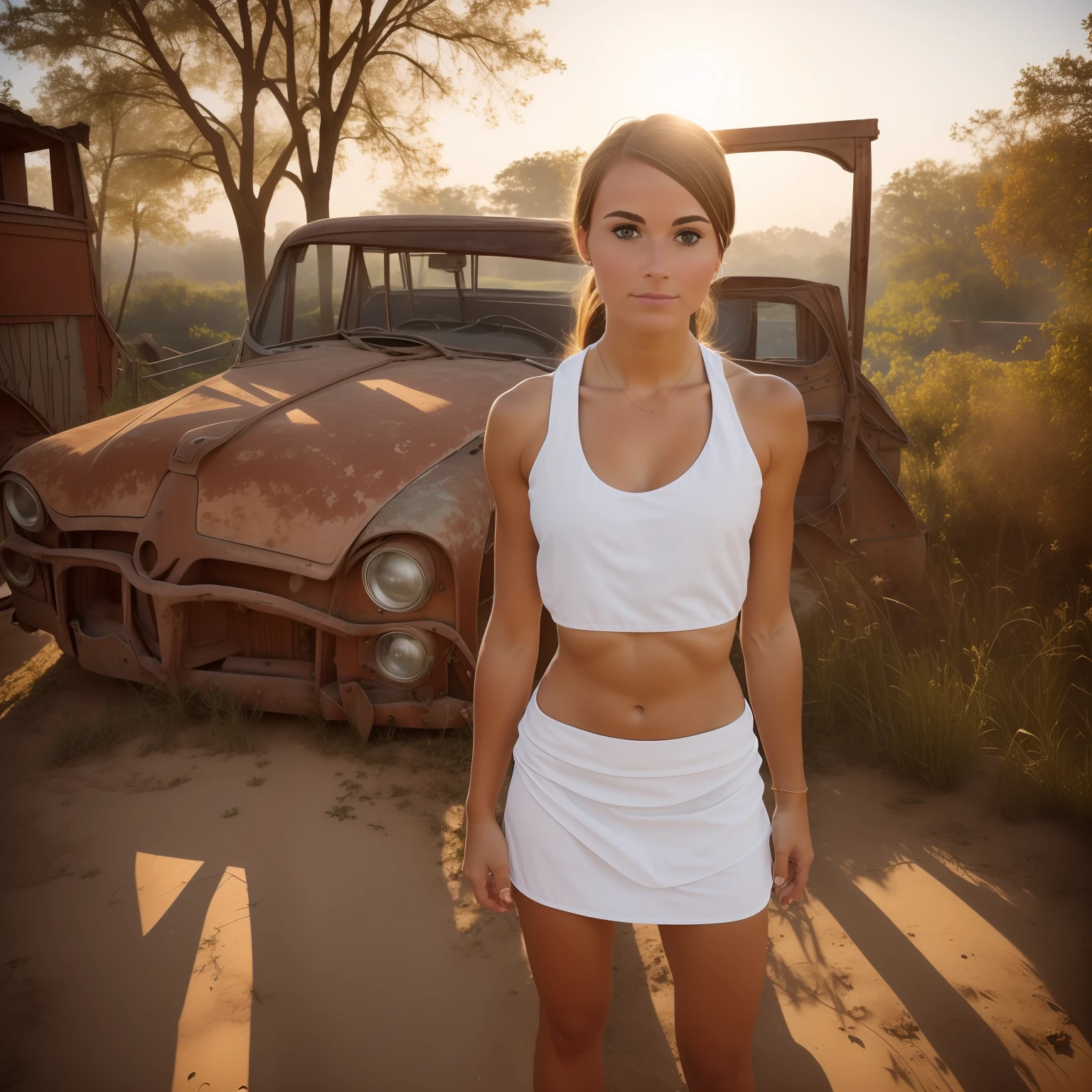 1girl, a girl as a lifeguard, Standing with hands on hips, looking down at the ground, in the sun on a white lifeguard tower, Swim board, skinny, abs, ribs, flat chested, small breasts (perfect anatomy), (detailed eyebrows, beautiful eyes, realistic skin, detailed face:1. 3), A-line skirt, Rose gold hair, Straight hair, (intricately detailed post apocalyptic ruins ((intricately detailed rusty decayed overgrown building)) , ultra realistic, concept art, elegant, highly detailed, intricate, sharp focus, depth of field, f/1. 8, 85mm, medium shot, mid shot, (centered image composition), (professionally color graded), ((bright soft diffused light)), volumetric fog, trending on instagram, trending on tumblr, hdr 4k, 8k ,