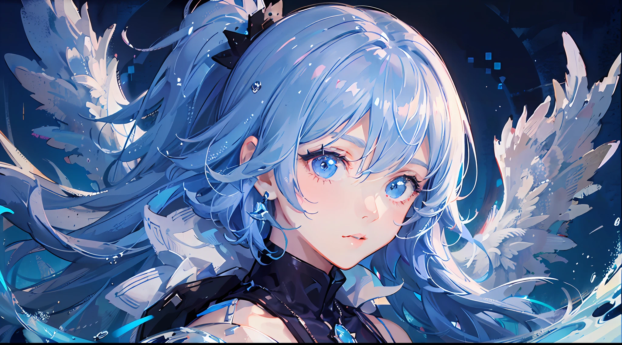 (hyper HD)、Retina screen、acurate、anatomy correct、textureskin、hyper-high detail、high detal、high qulity、best qualtiy、A high resolution、Highest image quality、A masterpiece、(extremely detailed nipple)、(Best quality)、(tmasterpiece)、lightand shade contrast、Cinematic lighting、color difference、twinkle、Ray traching、dynamic linework,eye detailed, lens flare glow, filmposter, Tarot card frames, The portrait is in the middle, ciri, negative space, 独奏, Floating color net, many color, Floating drops, Water magic, Mottled sunlight, optic, Caustics, rainbowing, Beautiful detail halo, leaning backward, eyeslashes, light blue hair, long whitr hair, tilt of the head, dynamicposes, Asymmetrical hair, slanted bangs, High double ponytail,Flowing hair,abstract backgrounds, blue colors,The upper part of the body,pondering,Blue pupil,feater, Exposed shoulders,whitegloves, animemanga girl, blue watery eyes, anime moe art style, Childish face, splashing water drops, The eyes are highlighted and brightened, glittery, concept-art,facing to audience,Pout,Sky blue dress,Wings formed by water,Angel head ring
