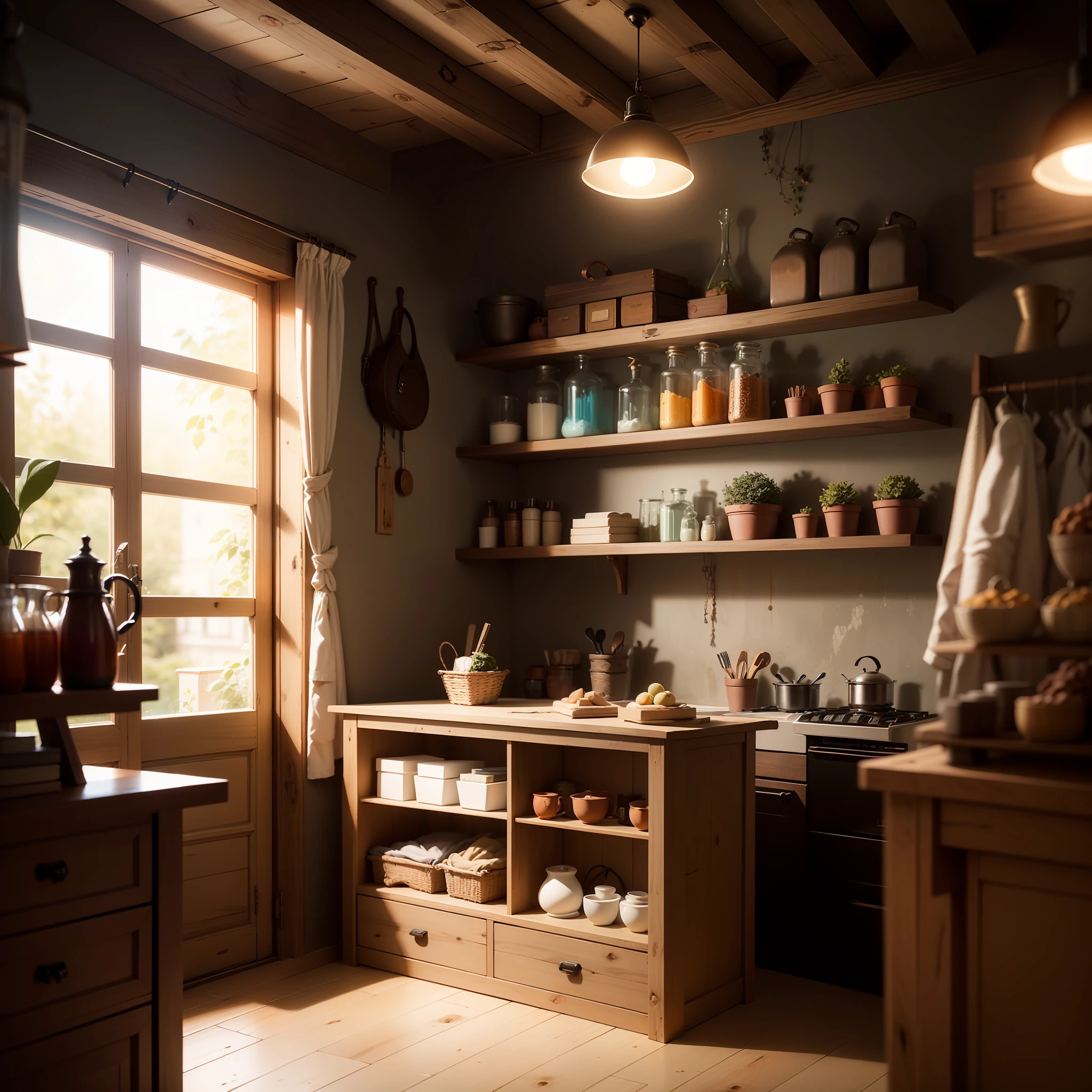 Cadeira de madeira podre, realista, suja, com cupim, in a rustic shop, mal iluminada, in a very simple and rustic environment, detalhes intrincados, luz difusa, 8k --auto