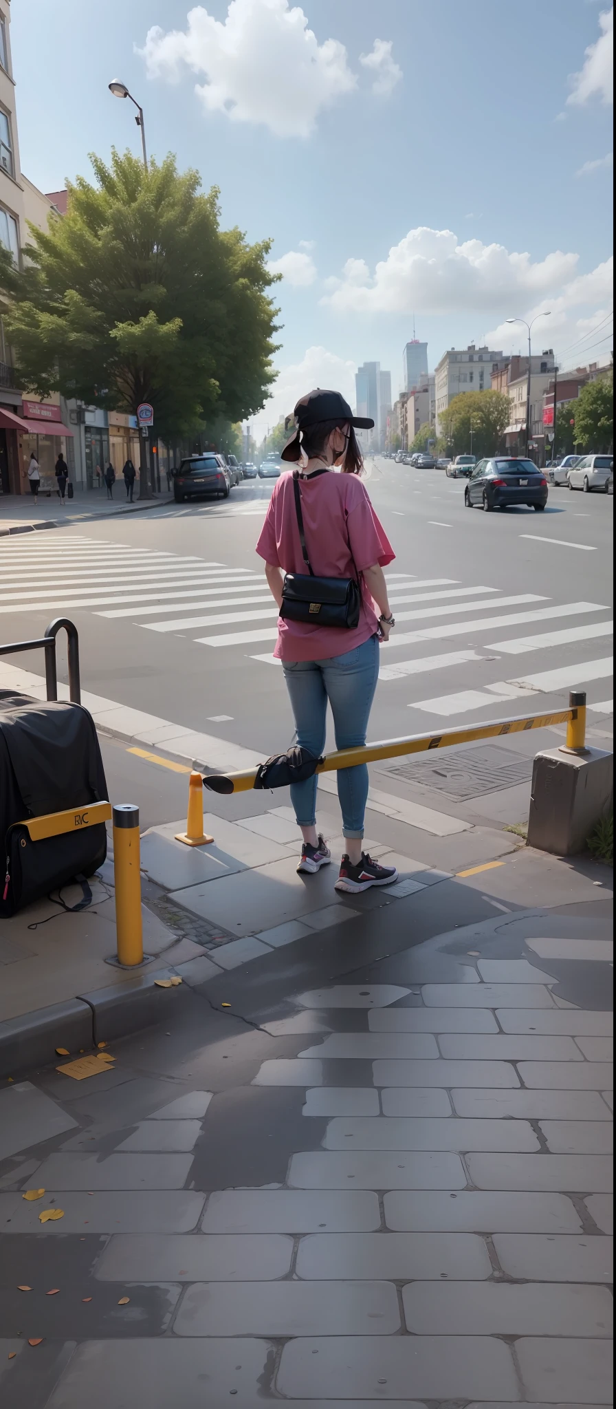 A woman stood on the sidewalk，Carrying a black shoulder bag, Back Shadow, which stands on the street, Street view, 耳Nipple Ring, Street - Floor, standing in a city center, which stands on the street, denim pant, Raspberry T-shirt, author：vivy, Street level, street photos, standing on a city street, street pic, Have on the street --auto