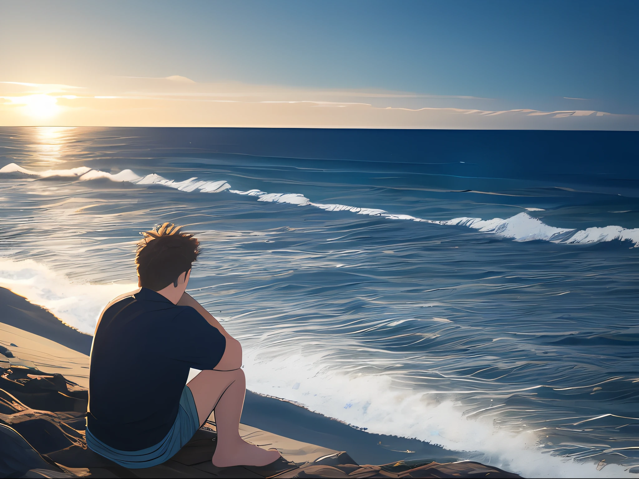 guy sitting at the beach, A dramatic seascape with , The beach is wide and sandy, stretching as far as the eye can see in either direction, The sea is wild and stormy, with crashing waves and frothing whitecaps. guy in the foreground is sitting with their back to the viewer, looking out over the churning sea.