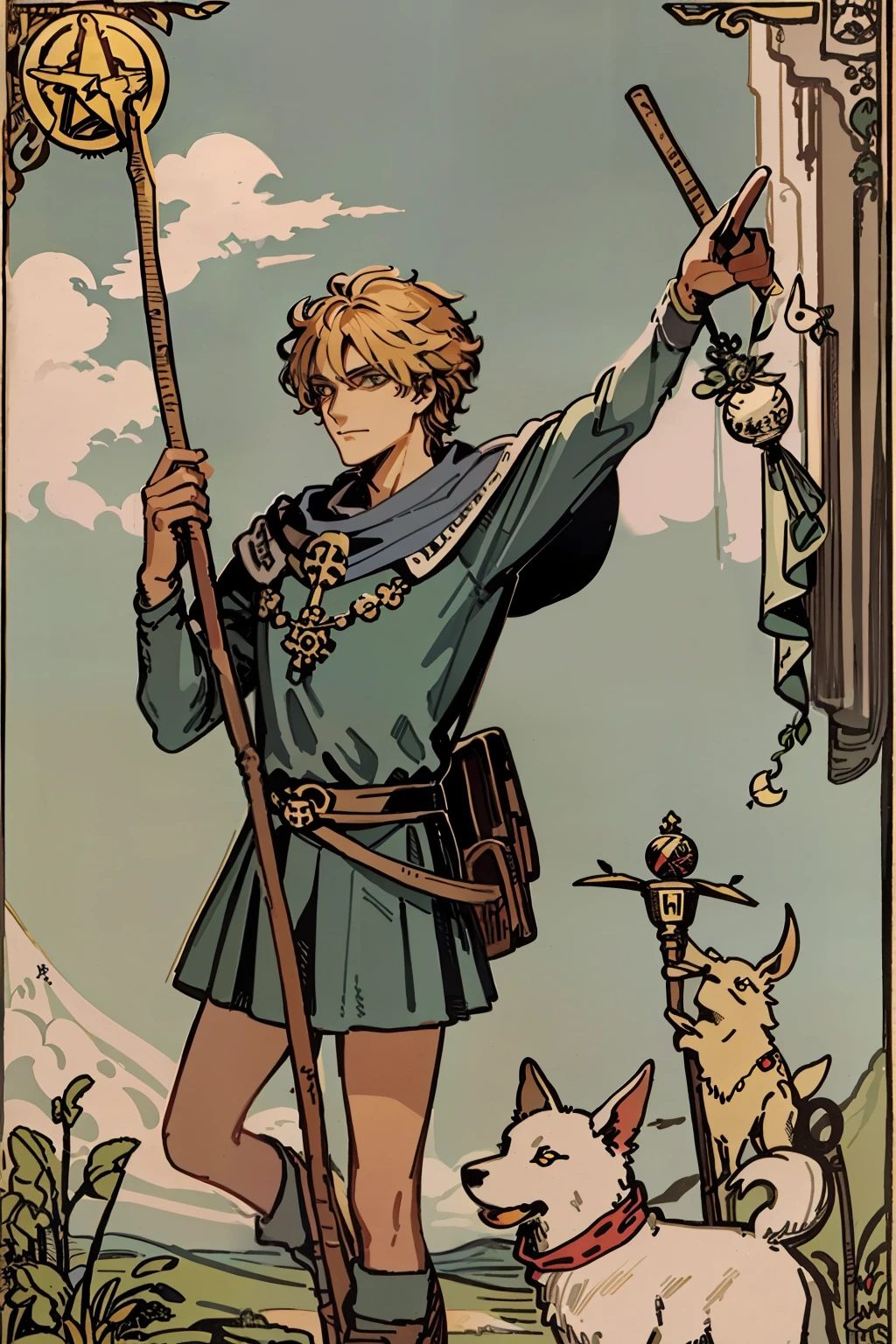 tarot card, the fool, man, bindle, stick and bag, cliff, dog