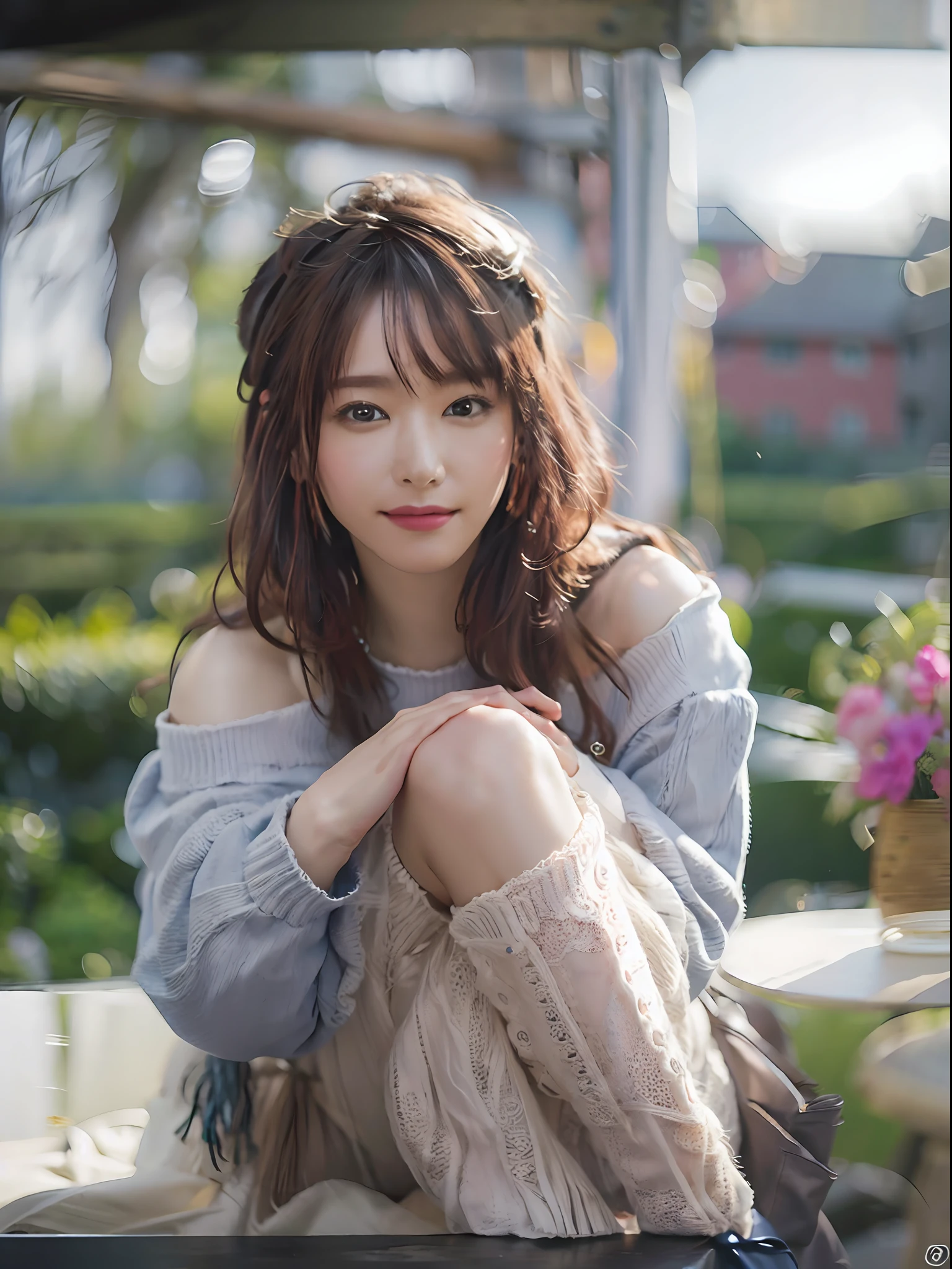 500R、((Sitting Woman))、Bright background、masterpiece、top-quality、ultra-detailliert、hight resolution、ighly detailed、8K UHD、(fidelity、fidelity:1.5)、realisitic、(natural soft light)、(bokeh dof:1.5)、(depth of fields)、Bokeh background、astonishing、finely detail、supreme、hightquality、Raw photography、pureerosface_v1、Beautifully painted