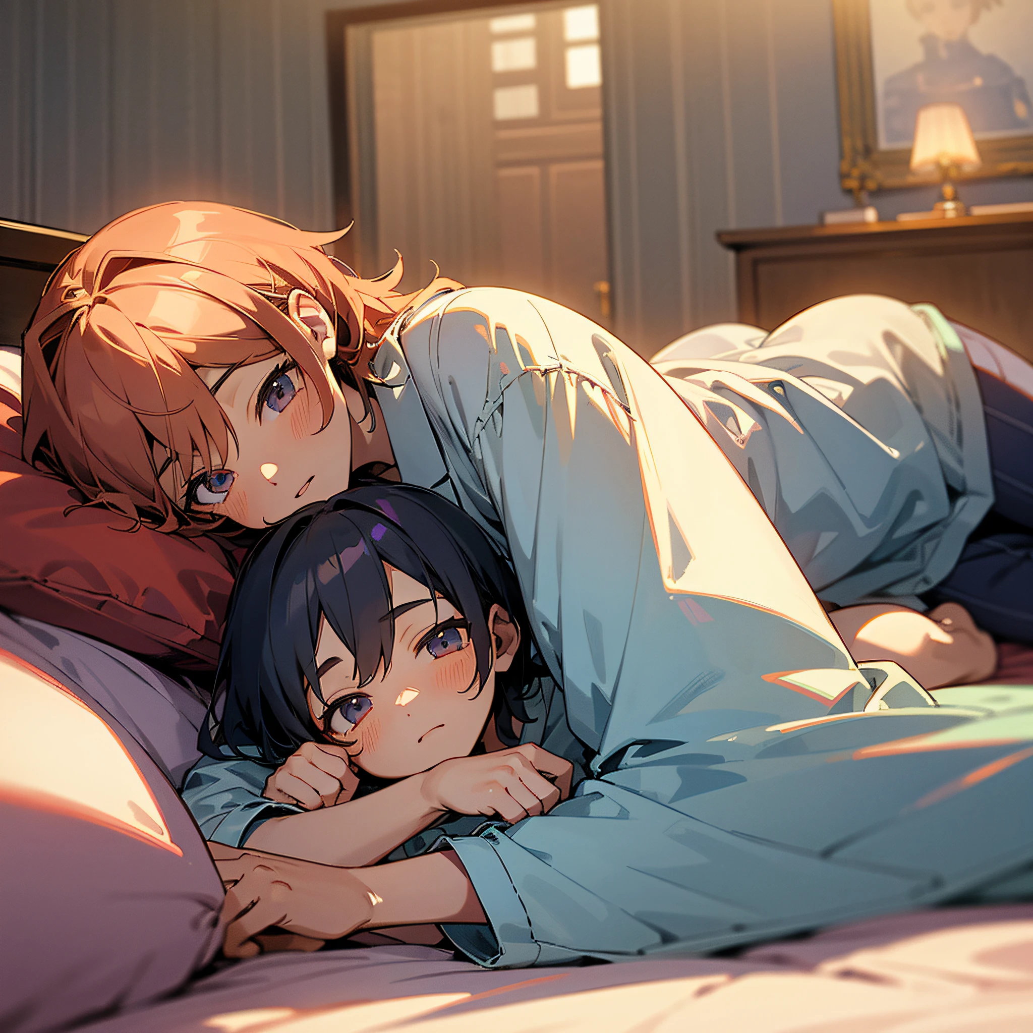 (Ultra-detailed background,detailedbackground),A high resolution,ultra - detailed,extremely detaile,A two-dimensional Shota and his sister are lying in their pajamas in their home bed reading manga --auto