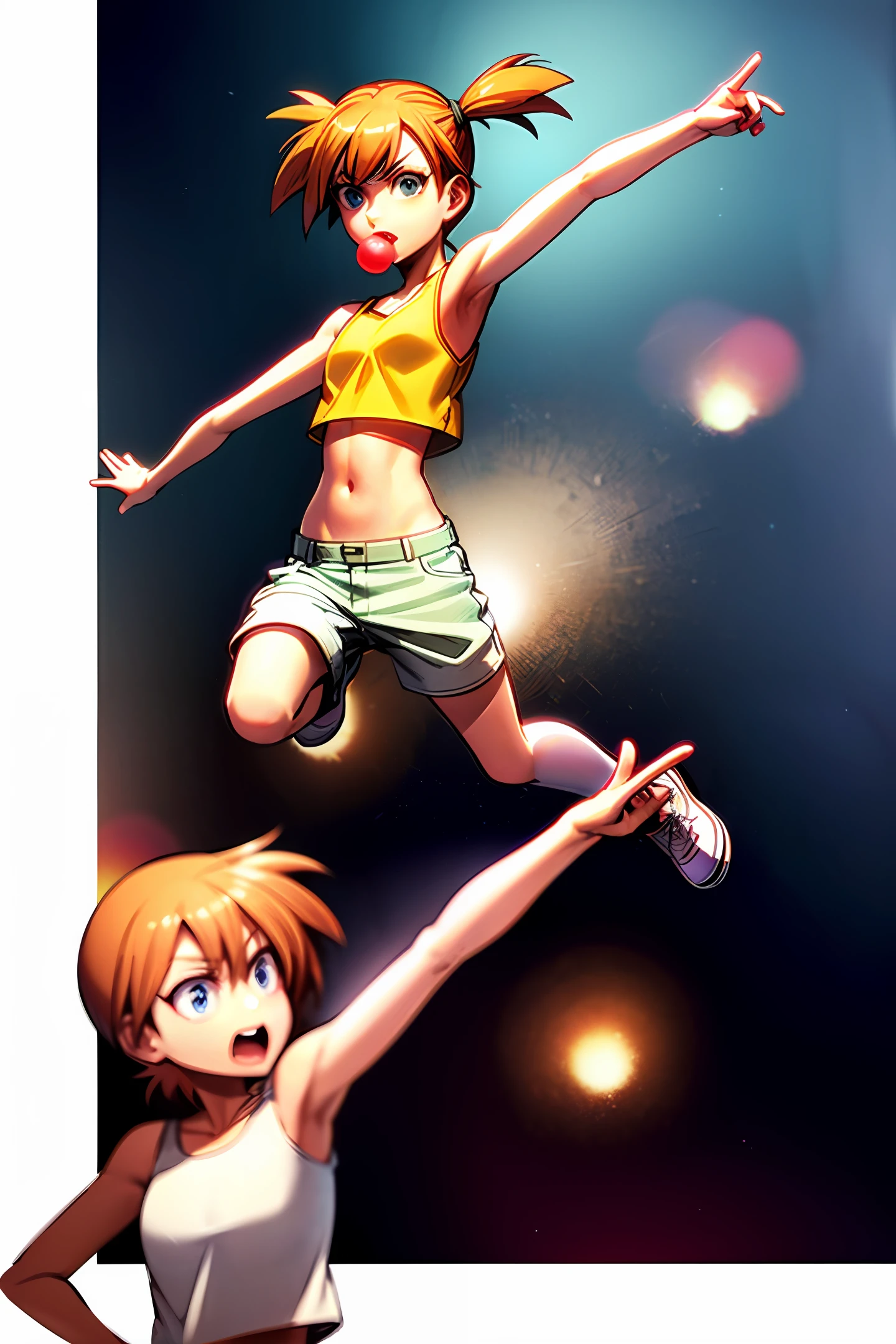 A wax figure of a 15 year old redheaded girl with her mouth open in a museum, wearing a strappy crop top, as she is posing with both arms raised.