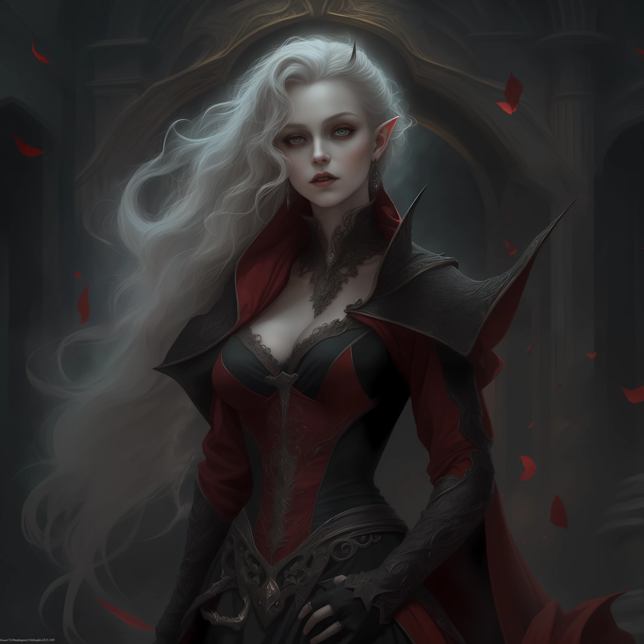 dark fantasy art, gothic art, (masterpiece:1.5), full body best details, highly detailed, best quality, highres, full body portrait of a vampire, elf (1.6, Masterpiece, best quality), ultra feminine, wizard (1.4 intricate details, Masterpiece, best quality) with a long curvy hair, light color hair, red eyes (1.3 fantasy art, Masterpiece, best quality), ((beautiful delicate face)), Ultra Detailed Face (1.4 intricate details, fantasy art, Masterpiece, best quality),vampiric fangs (1.6 intricate details, fantasy art, Masterpiece, best quality), red cloak, flowing cloak (1.4 intricate details, fantasy art, Masterpiece, best quality), wearing an intricate black dress (1.4 intricate details, fantasy art, Masterpiece, best quality), high heeled boots, urban background (intense details, beat details), fantasy, at night light, natural ,moon light, clouds, gothic atmosphere, soft light, dynamic light, [[anatomically correct]], high details, best quality, 8k, [ultra detailed], masterpiece, best quality, (extremely detailed), dynamic angle
