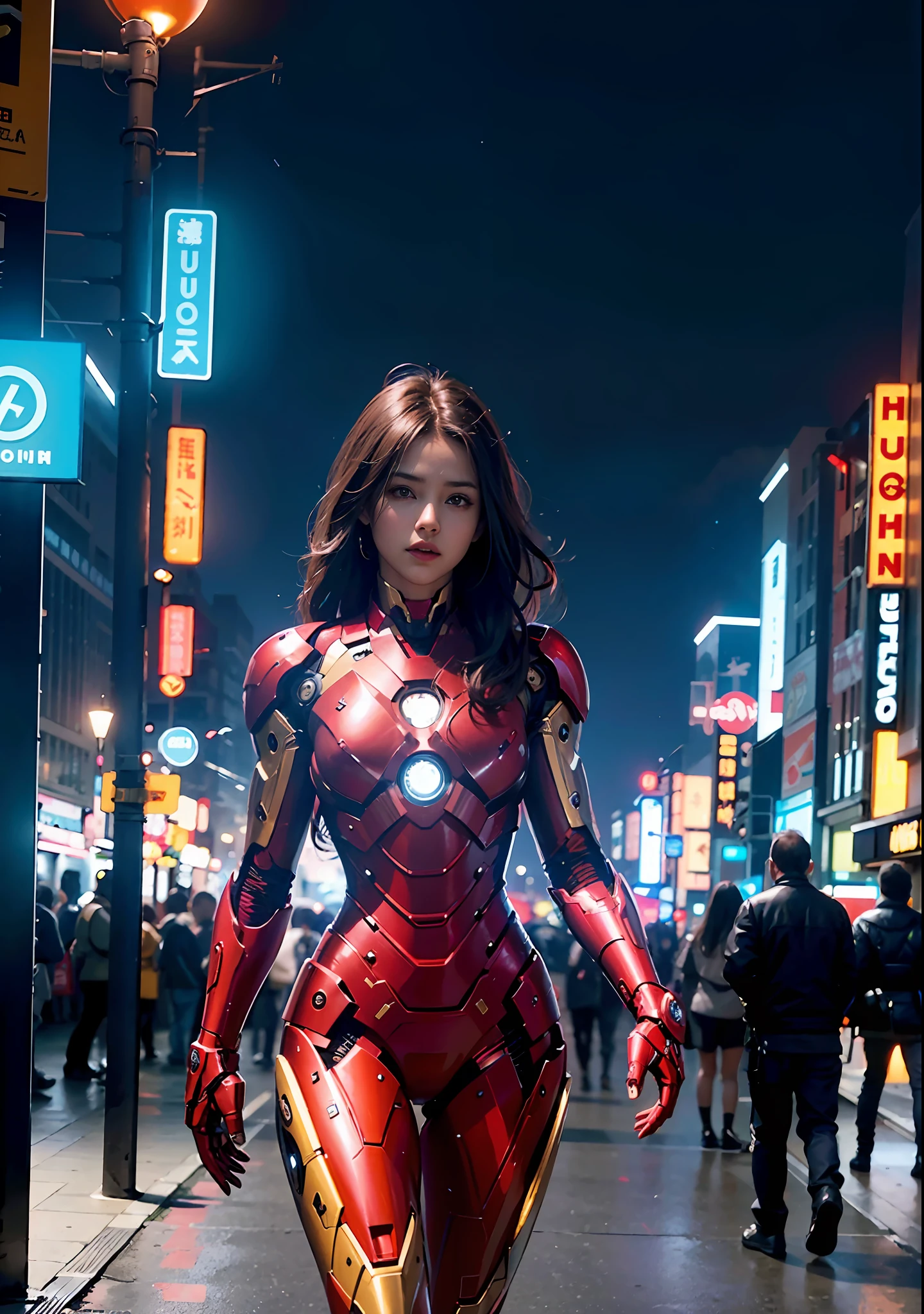 8k, realistic, attractive, highly detailed, a 20 year old girl a sexy and attractive woman inspired by Iron Man wearing a shiny Iron Man mech. She dresses with sexiness and confidence, perfectly interpreting Iron Man&#39;s strength and charisma. In a cyberpunk-style city night scene, a sexy and attractive woman takes Iron Man&#39;s cosplay as the theme. Wearing a shiny Iron Man mech, she stands on a street lined with tall buildings. The night lights of the city are bright, reflecting on her mecha, adding a sense of future technology. The surrounding buildings and streets are full of cyberpunk elements, such as neon lights, high-tech devices and futuristic architectural designs. The whole scene is full of futuristic and sci-fi atmosphere. This high-definition, high-quality picture will bring you stunning visual enjoyment, a perfect combination of sexy, futuristic and sci-fi elements. oc rendering, dramatic lighting, award winning quality