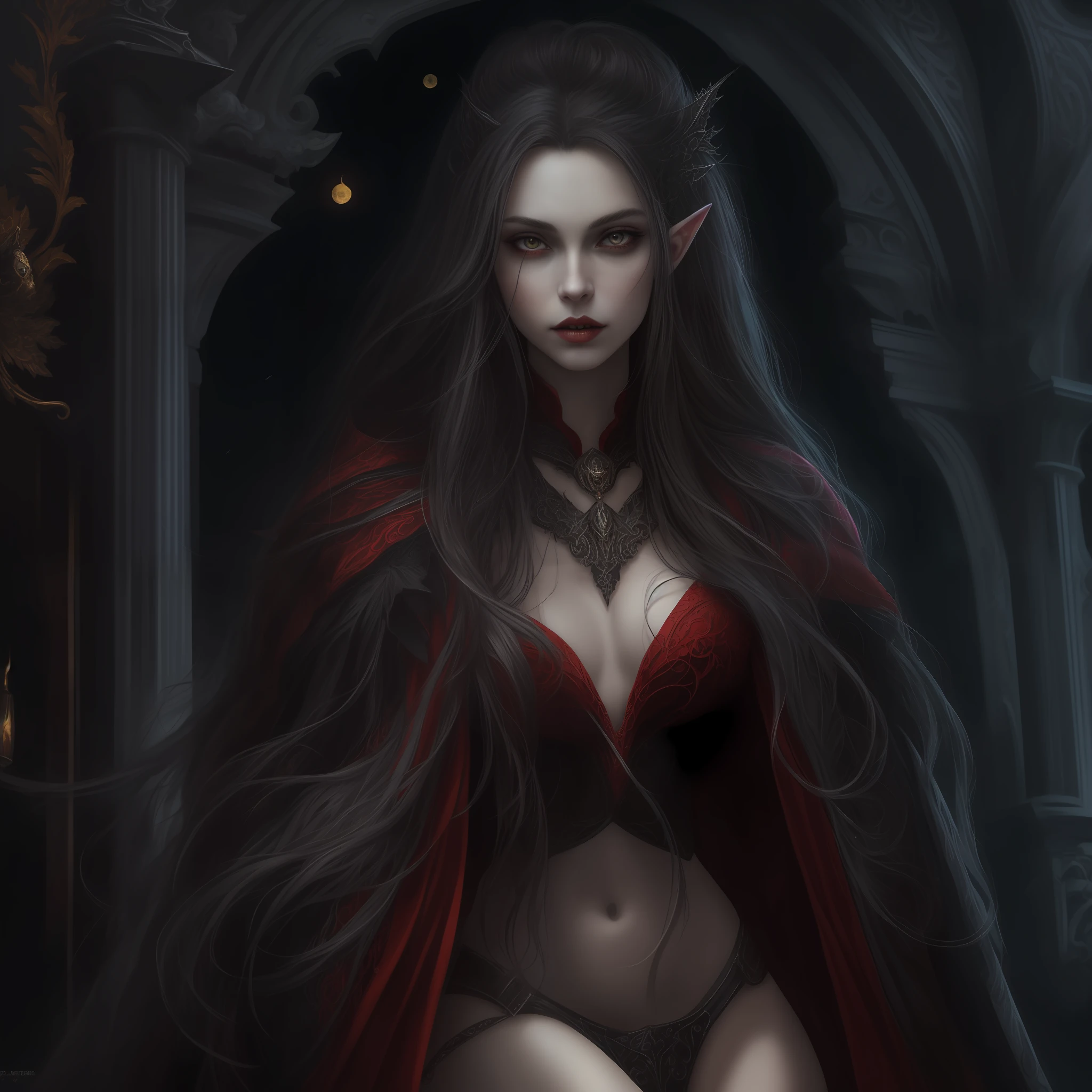 dark fantasy art, gothic art, (masterpiece:1.5), full body best details, highly detailed, best quality, highres, full body portrait of a vampire, elf (1.6, Masterpiece, best quality), ultra feminine, wizard (1.4 intricate details, Masterpiece, best quality) with a long curvy hair, light color hair, red eyes (1.3 fantasy art, Masterpiece, best quality), ((beautiful delicate face)), Ultra Detailed Face (1.4 intricate details, fantasy art, Masterpiece, best quality),vampiric fangs (1.6 intricate details, fantasy art, Masterpiece, best quality), red cloak, flowing cloak (1.4 intricate details, fantasy art, Masterpiece, best quality), wearing an intricate black dress (1.4 intricate details, fantasy art, Masterpiece, best quality), high heeled boots, urban background (intense details, beat details), fantasy, at night light, natural ,moon light, clouds, gothic atmosphere, soft light, dynamic light, [[anatomically correct]], high details, best quality, 8k, [ultra detailed], masterpiece, best quality, (extremely detailed), dynamic angle