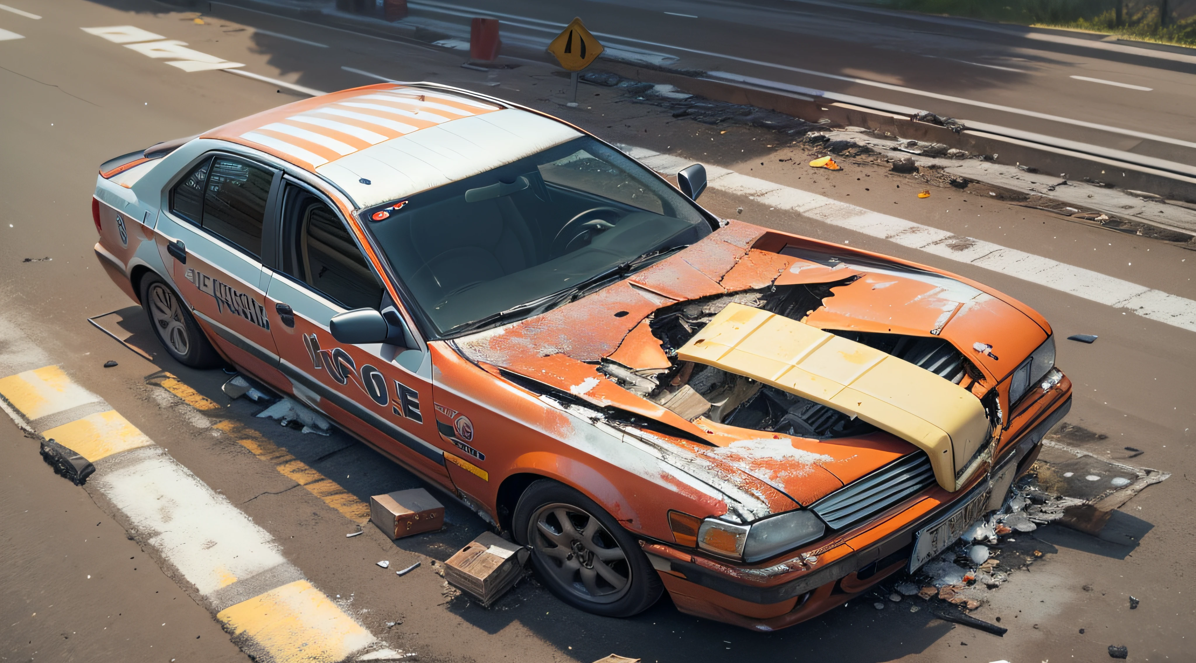 «»Promote safety awareness with a photorealistic image of a car accident reconstruction for educational purposes. The setting is a controlled environment, such as a closed test track or a crash test facility. The car involved in the accident is shown with visible damage, emphasizing the importance of road safety. Skid marks and debris on the road highlight the dynamics of the collision. Emergency responders and safety experts are present, conducting an analysis of the accident scene. The image aims to educate viewers on the consequences of reckless driving and the importance of following traffic rules. The camera shot type is a wide-angle