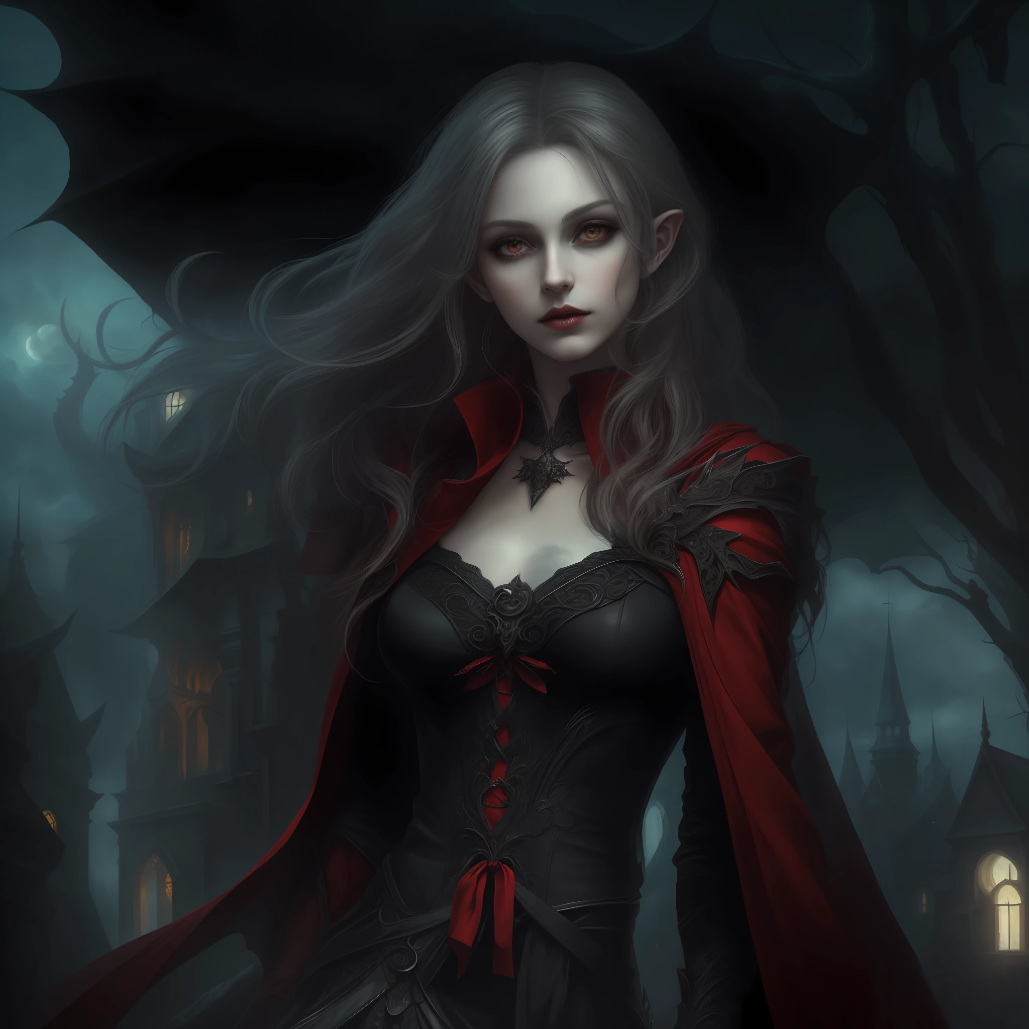dark fantasy art, gothic art, (masterpiece:1.5), full body best details, highly detailed, best quality, highres, full body portrait of a vampire, elf (1.6, Masterpiece, best quality), ultra feminine, wizard (1.4 intricate details, Masterpiece, best quality) with a long curvy hair, light color hair, red eyes (1.3 fantasy art, Masterpiece, best quality), ((beautiful delicate face)), Ultra Detailed Face (1.4 intricate details, fantasy art, Masterpiece, best quality),vampiric fangs (1.6 intricate details, fantasy art, Masterpiece, best quality), red cloak, flowing cloak (1.4 intricate details, fantasy art, Masterpiece, best quality), wearing an intricate black dress (1.4 intricate details, fantasy art, Masterpiece, best quality), high heeled boots, urban background (intense details, beat details), fantasy, at night light, natural ,moon light, clouds, gothic atmosphere, soft light, dynamic light, [[anatomically correct]], high details, best quality, 8k, [ultra detailed], masterpiece, best quality, (extremely detailed), dynamic angle