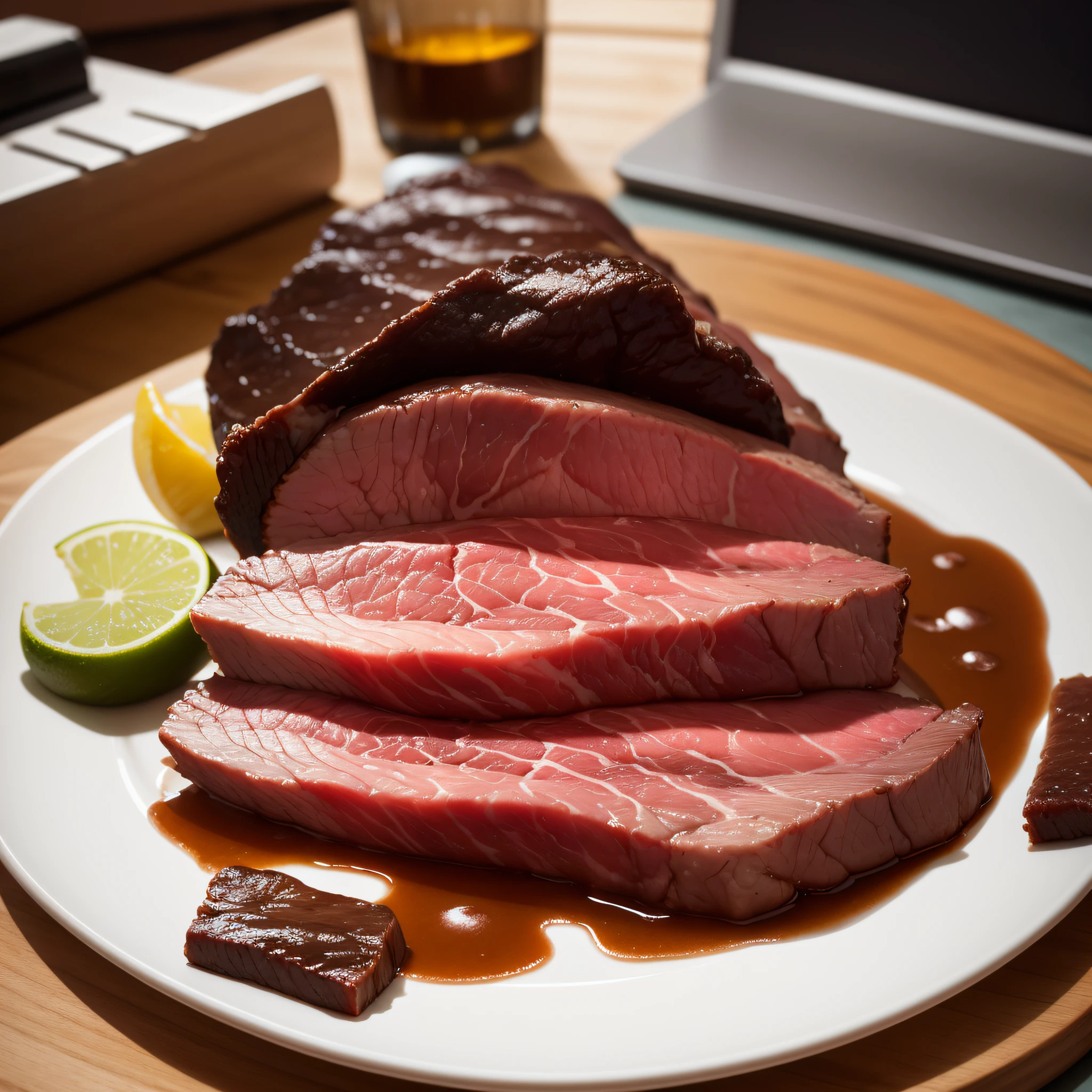 on the desktop，A plate of cut beef，The beef has a clear texture，Looks appetizing ，delicacy，The colors are tempting， --auto