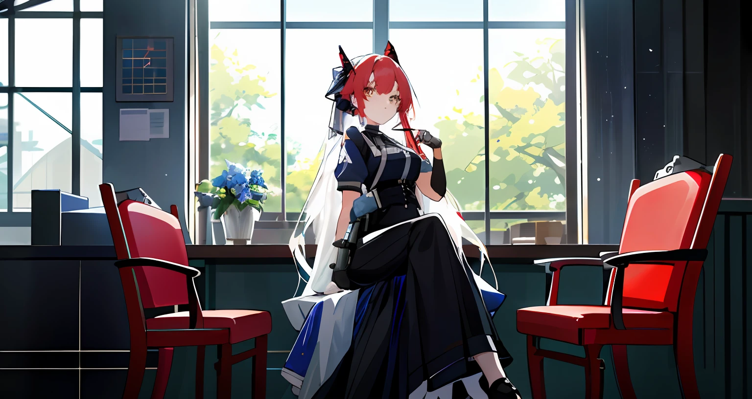 Anime characters sitting in red chairs in front of the window, 《azur lane》role, girls frontline style, Girls Frontline CG, azur lane style, Fine details. Girl front, girls frontline universe, A scene from the《azur lane》videogame, Girl front, lollipop, from girls frontline, From Arknights, visual novel key visual, popular isekai anime