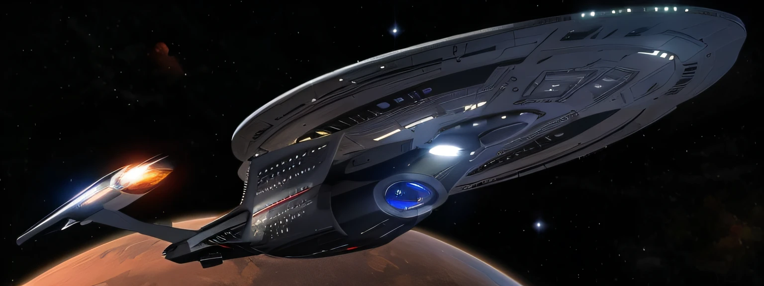 Araffe flying in the sky with a red planet in the background, USS Empresa, A Starship Enterprise, Empresa Starship, O Orville, de Star Trek, Starship no fundo, Ainda de Star Trek, de Star Trek 2021, STTNG, filme ainda de Star Trek, Jornada nas Estrelas, artefatos de efeito de massa, Nave, cinematic full shot
