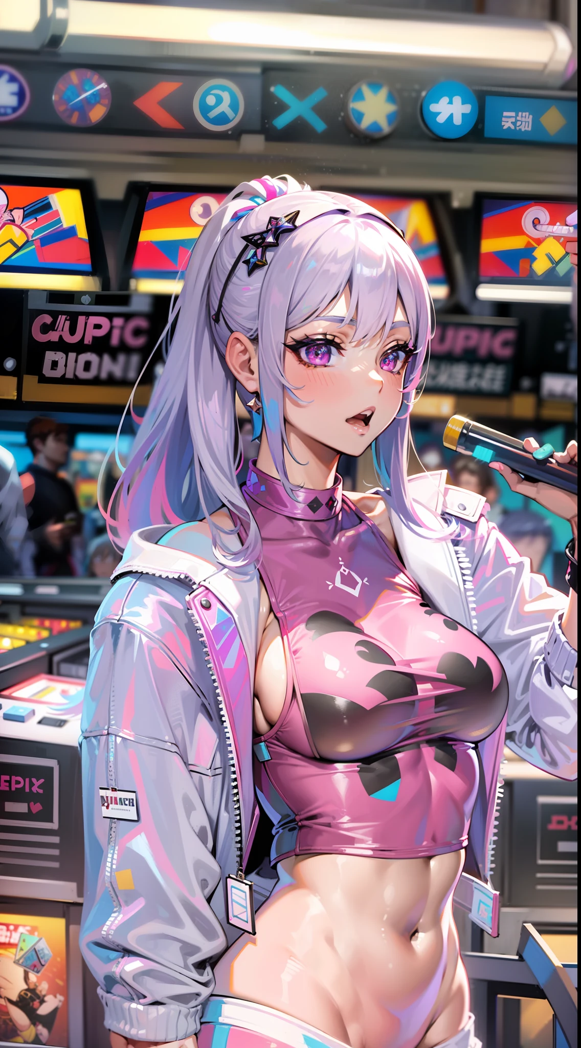 ((Masterpiece)), best quality, absurderes, ultra detailed, holographic, cowboy shot, golden ratio, super cute girl, mature girl, idol girl, super beautiful asian girl with very beautiful violet glowing eyes, beautiful glowing brown multicolored hair, high ponytail, nice and sexy body, slim body, perfect body, wearing a super tight anime printed leotard, an anime printed super tight off shoulder long sleeve crop top, a super aesthetic transparent mini jacket, beautiful hair ornament, pink jordan tennis, playing with her handsome otaku skinny boyfriend, with black messy glowing hair, in the arcade games