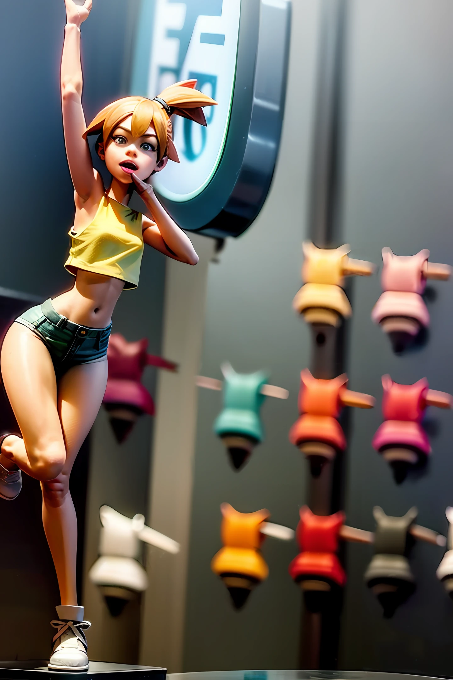A wax figure of a 15 year old redheaded girl with her mouth open in a museum, wearing a strappy crop top, as she is posing with both arms raised.