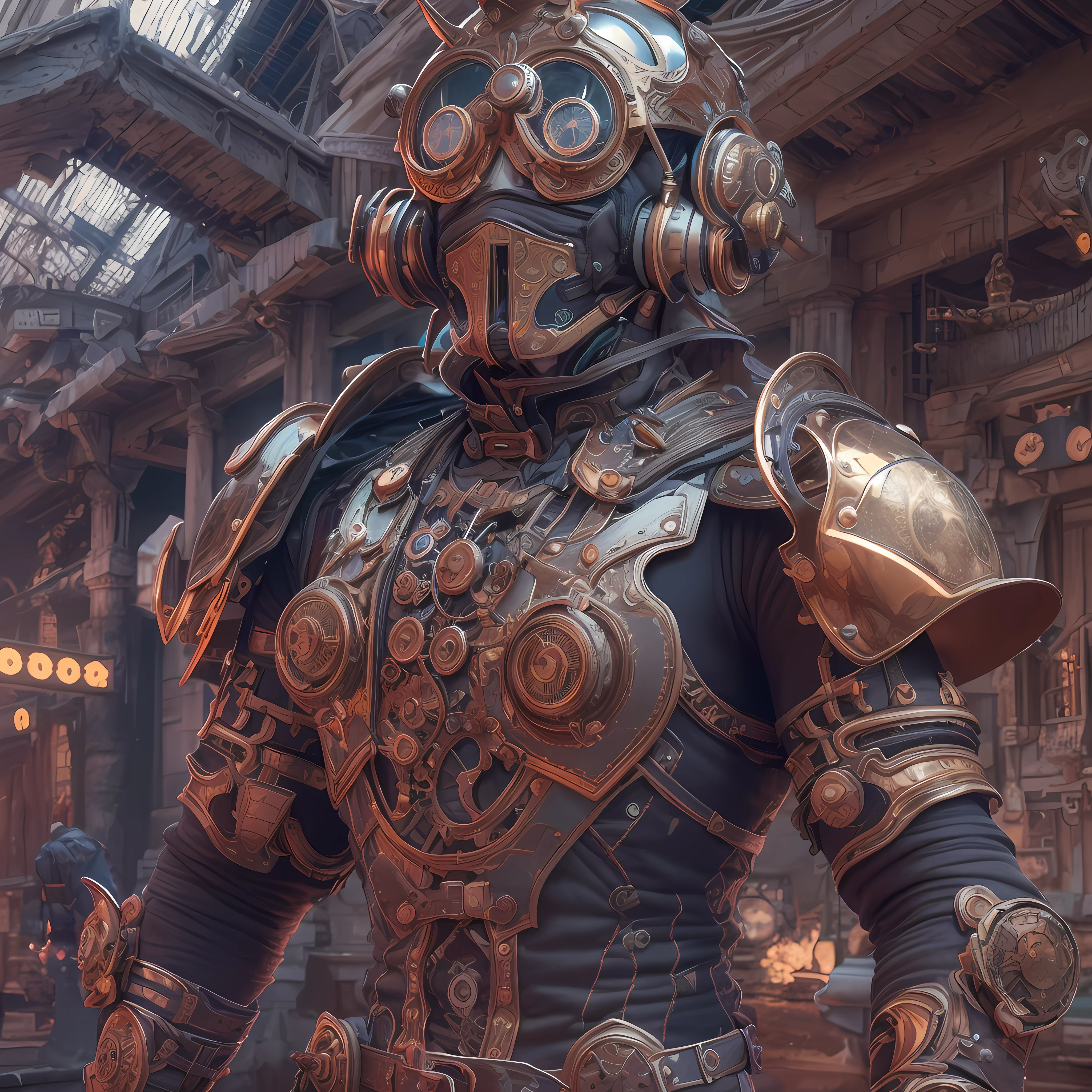 (ultra-detailed CG unity 8k HQ HD wallpaper, masterpiece), best quality, stunningly detailed futuristic warrior donning a hyper-detailed helmet with steampunk undertones, combining both the tech of tomorrow with the aesthetics of the past.