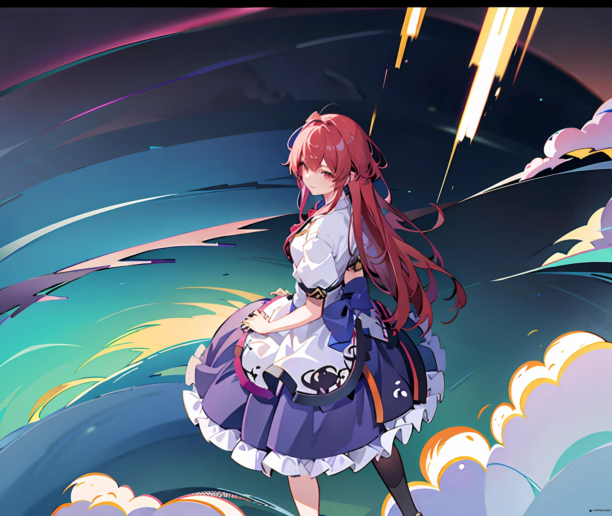 Anime girl with red hair and sky sword, Anime art wallpaper 4 K, Anime art wallpaper 4k, Anime art wallpaper 8 K, Best anime 4k konachan wallpaper, Anime fantasy artwork, A scene from the《sky cities》videogame, Genshin Impact, Anime wallpaper 4K, Anime wallpaper 4 k, style of anime4 K, beautiful fantasy anime，weeping，streaming tears，