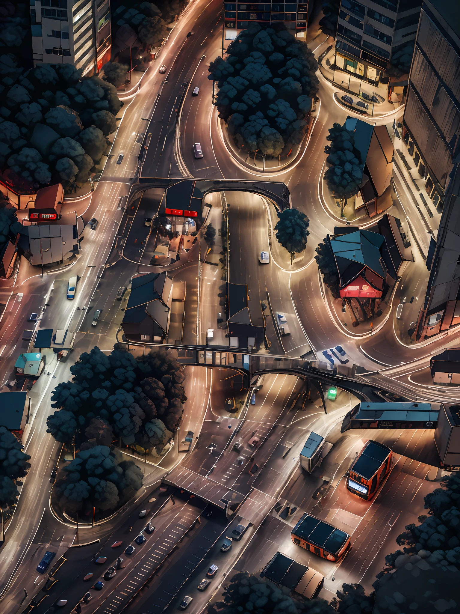 Aerial view of the busy streets of the city at night, the Aalfei bus bus,Light and shadow interlace,Neon flashing,Open-air neon lights,The traffic is non-stop,The flow of people is like weaving,cinematic colorgrade,realisticlying,photorealestic,8K。