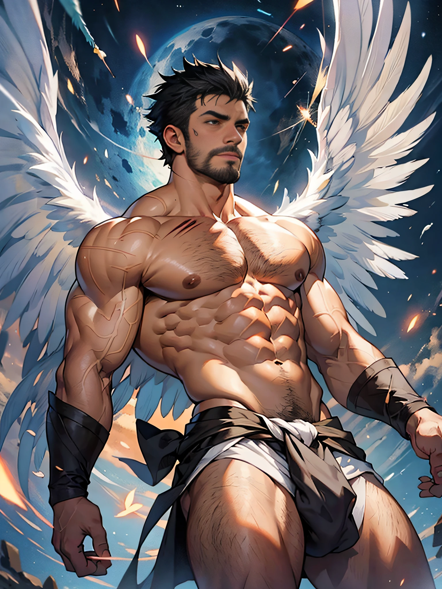 best qualtiy, tmasterpiece, 超高分辨率, illustration, 1 Men,Whiskers, musculature,penisbulge,with short black hair,Brush cut,Burly,Bruiser,Bright colors,flying feathers,White loincloth,Abs,rays of moonlight,Particle light effects,Dreamlike,penisbulge,ancient greek clothes,angelicales,Wings,The Holy Light shrouded,Gorgeous