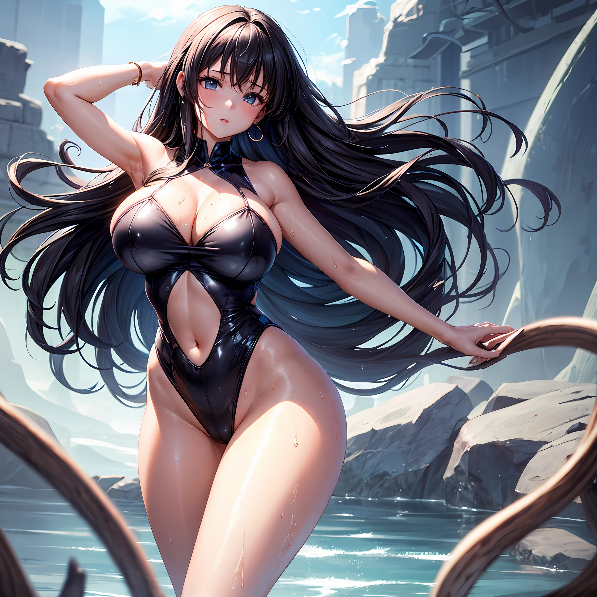 rather large udder、masterpiece、highleg leotard、Wet and see-through、tits out、a beauty girl、Armpit、a navel、Futomo、Bigger buttocks、Sexy body、Anime style、quadratic element、a baby face、One girl、Opening legs、long udder