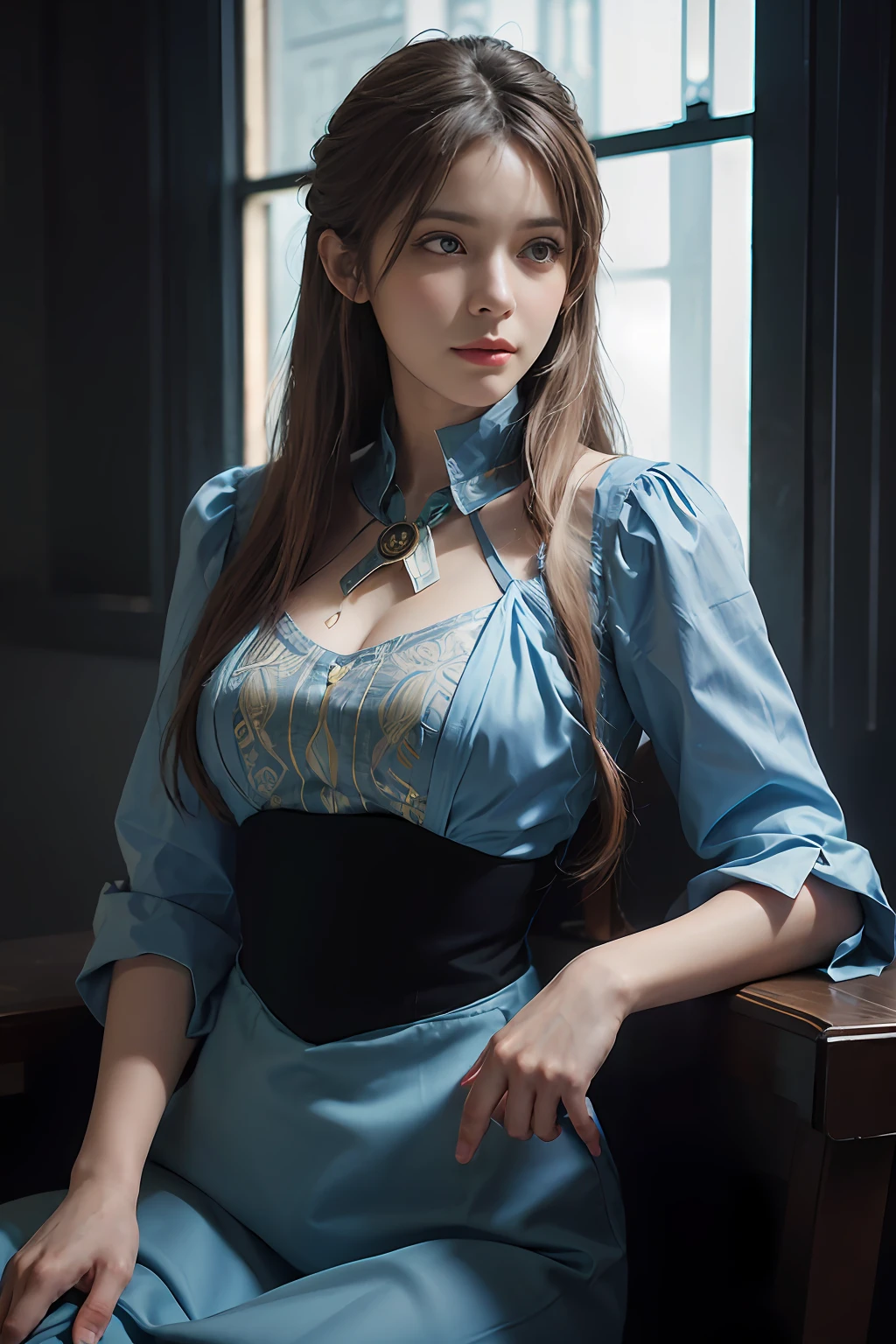 Hyperrealist portrait of female by david hockney and alphonse mucha,fantasy art, photo realistic, dynamic lighting, artstation, poster, volumetric lighting, very detailed faces, 4 k, award winning,, 1girl, in the dark, deep shadow, low key,cowboy shot,(official clothing:1.4) ,long hair,white hair,