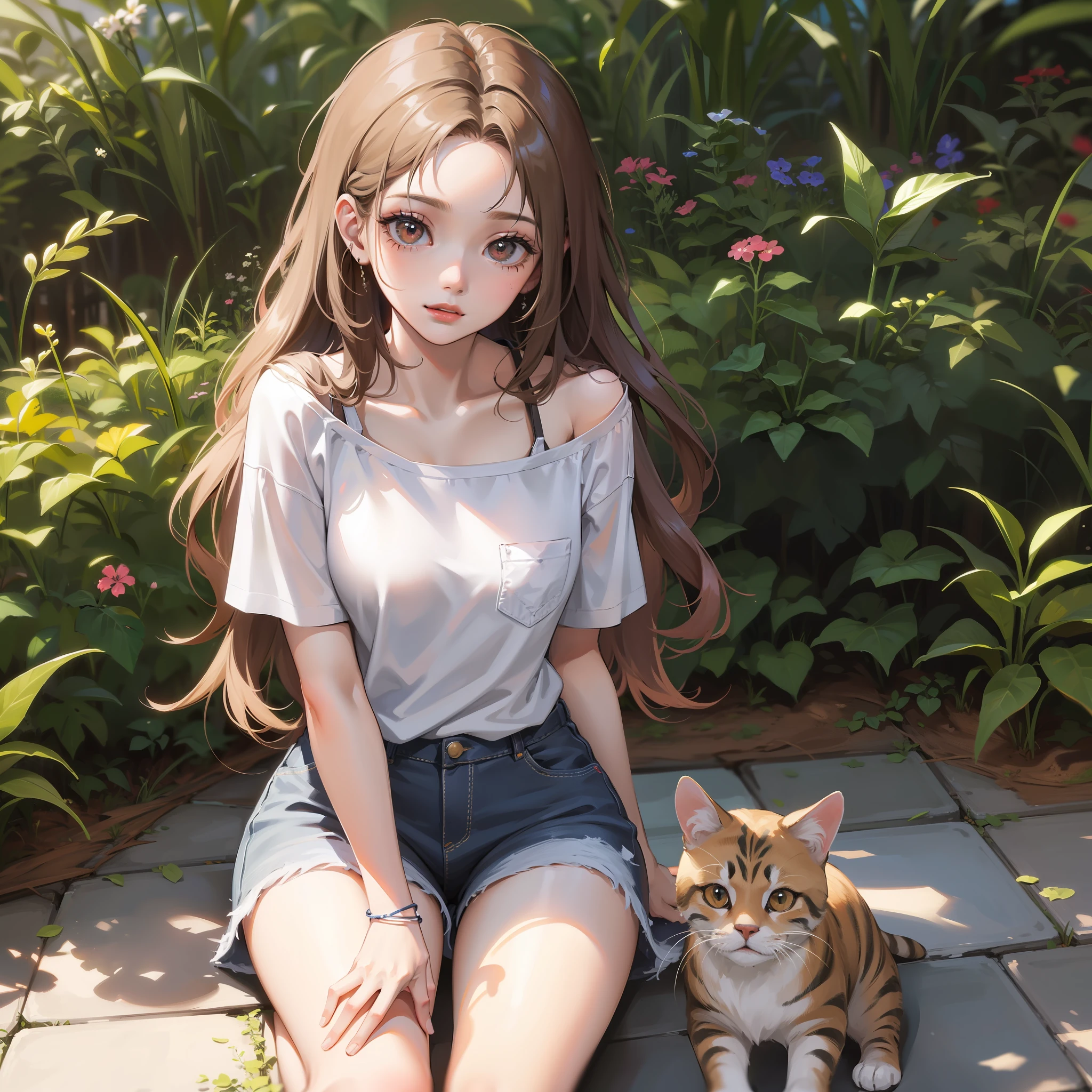 Cabelo longo ,menina jovem ,roupa casual, filhos , cachorro, gatos , marido