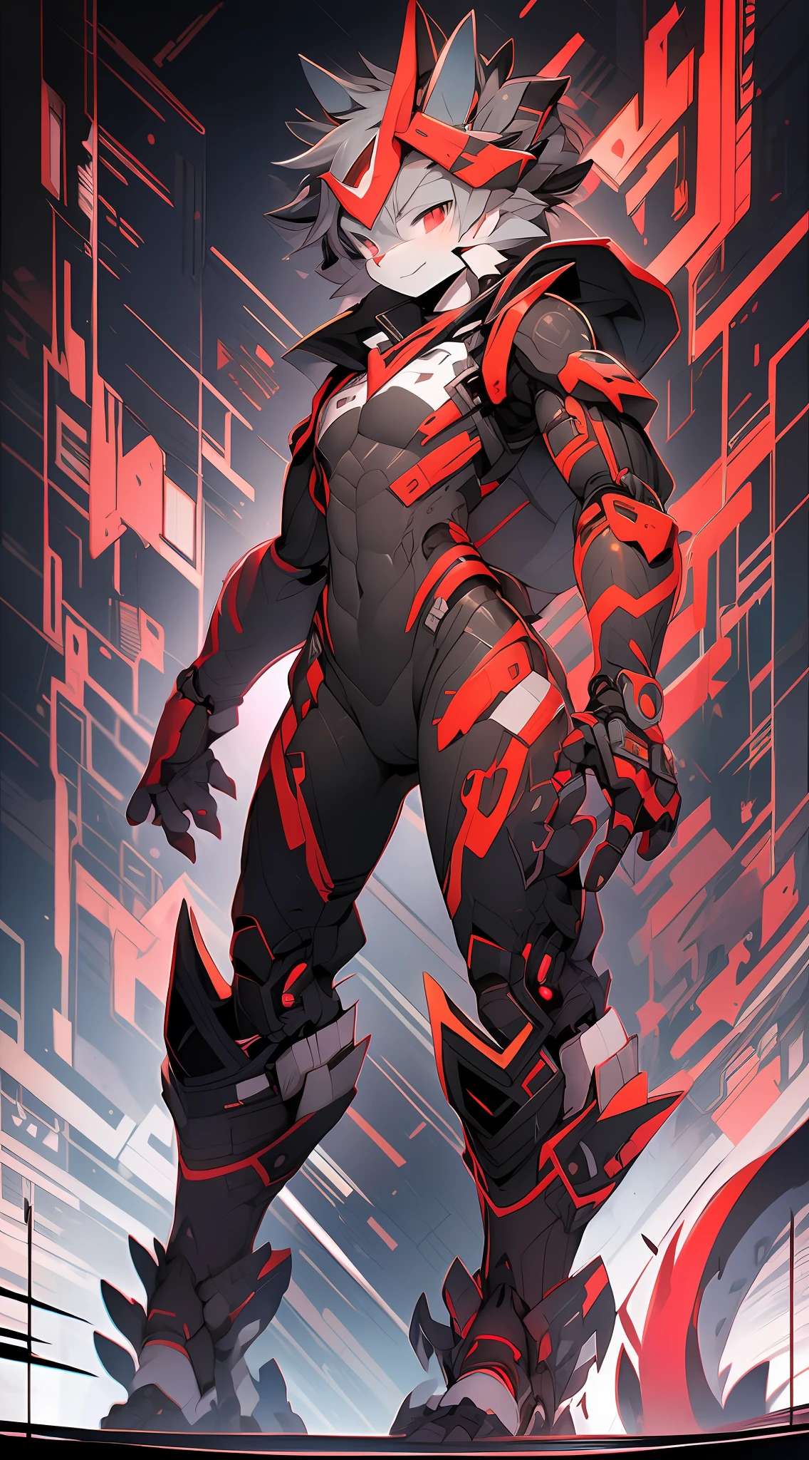 Dragon boy in mech，Dark gray hair，red color eyes，adolable，Mechanical nanoskin，black reotard，black long socks，full bodyesbian，nakeness，Shota，Black Themes，anthropomorphic dragon